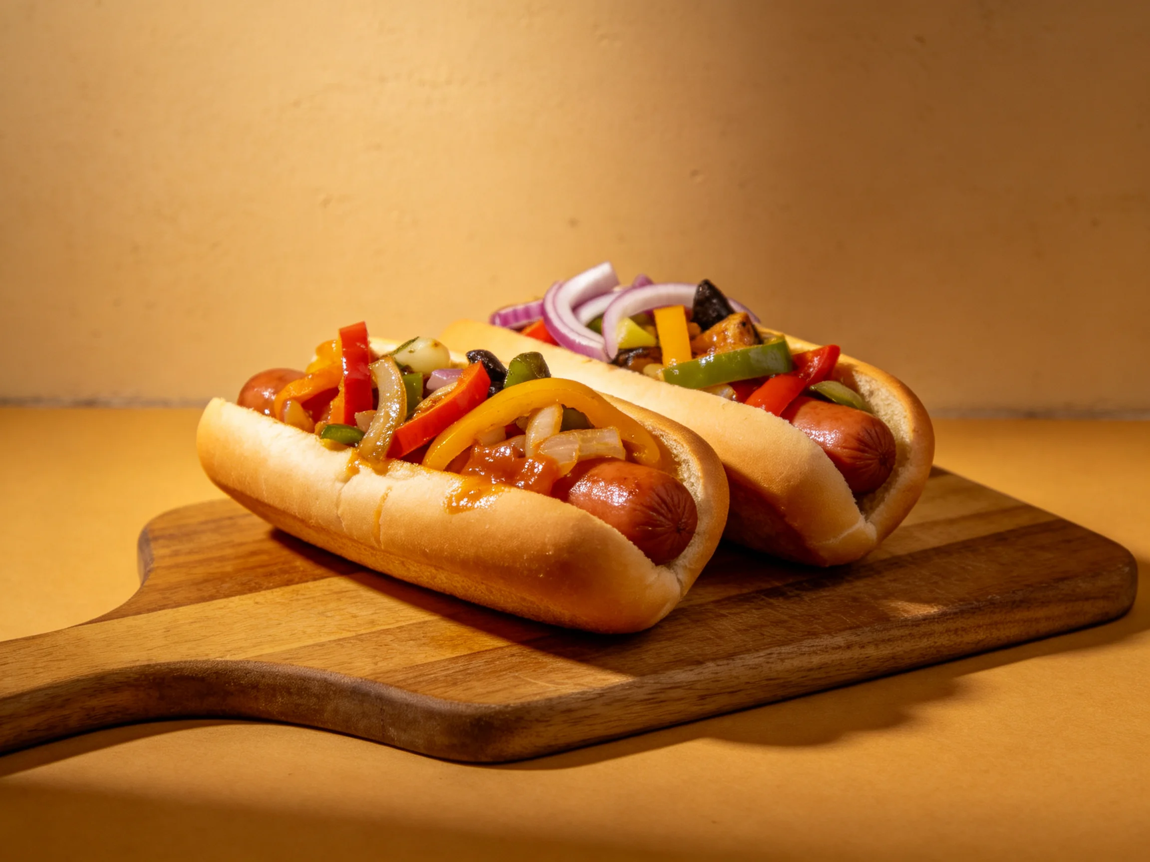 Two loaded hot dogs with colorful vegetable toppings on a wooden serving board