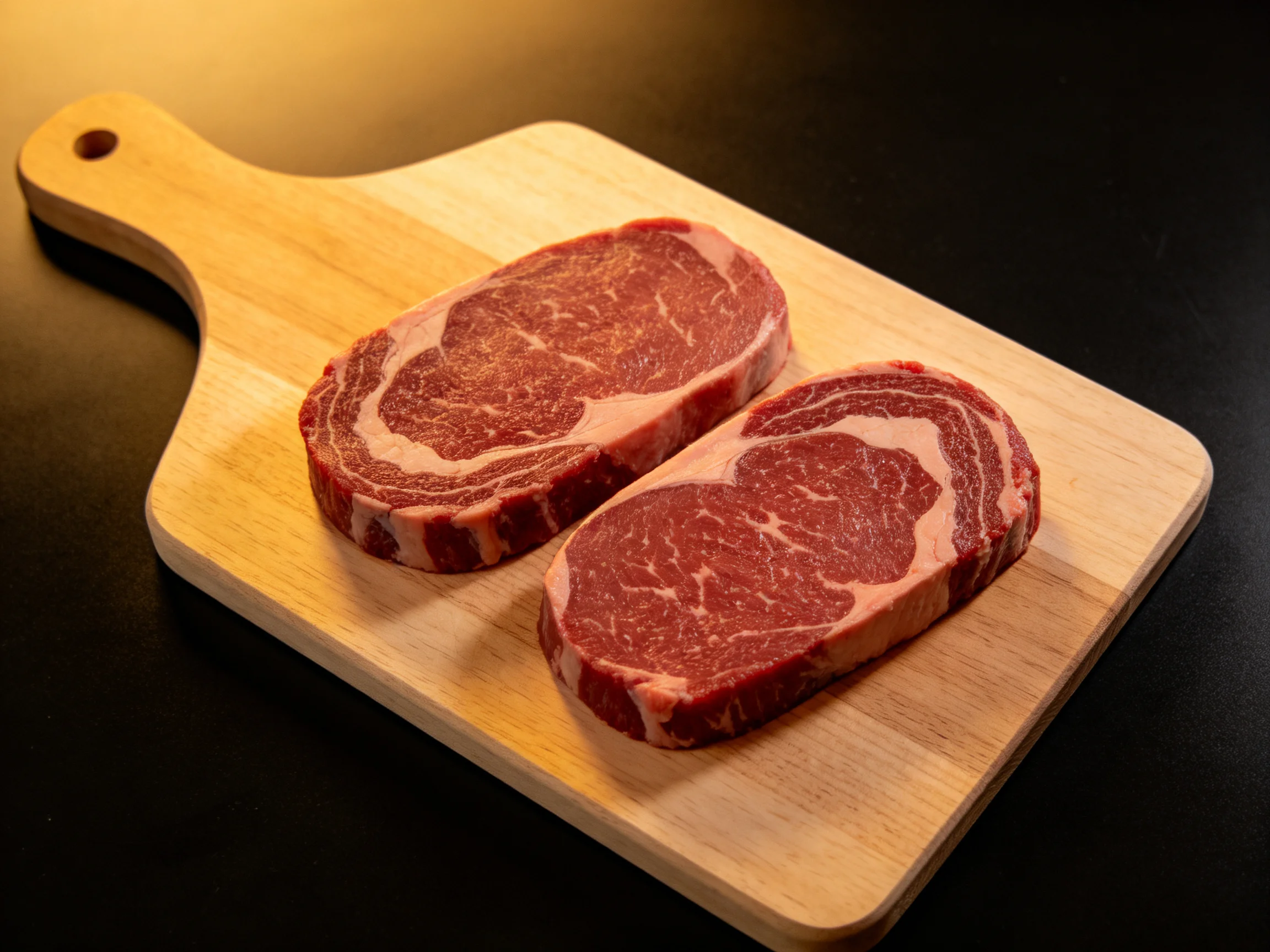 Two marbled raw steaks on a light wooden cutting board