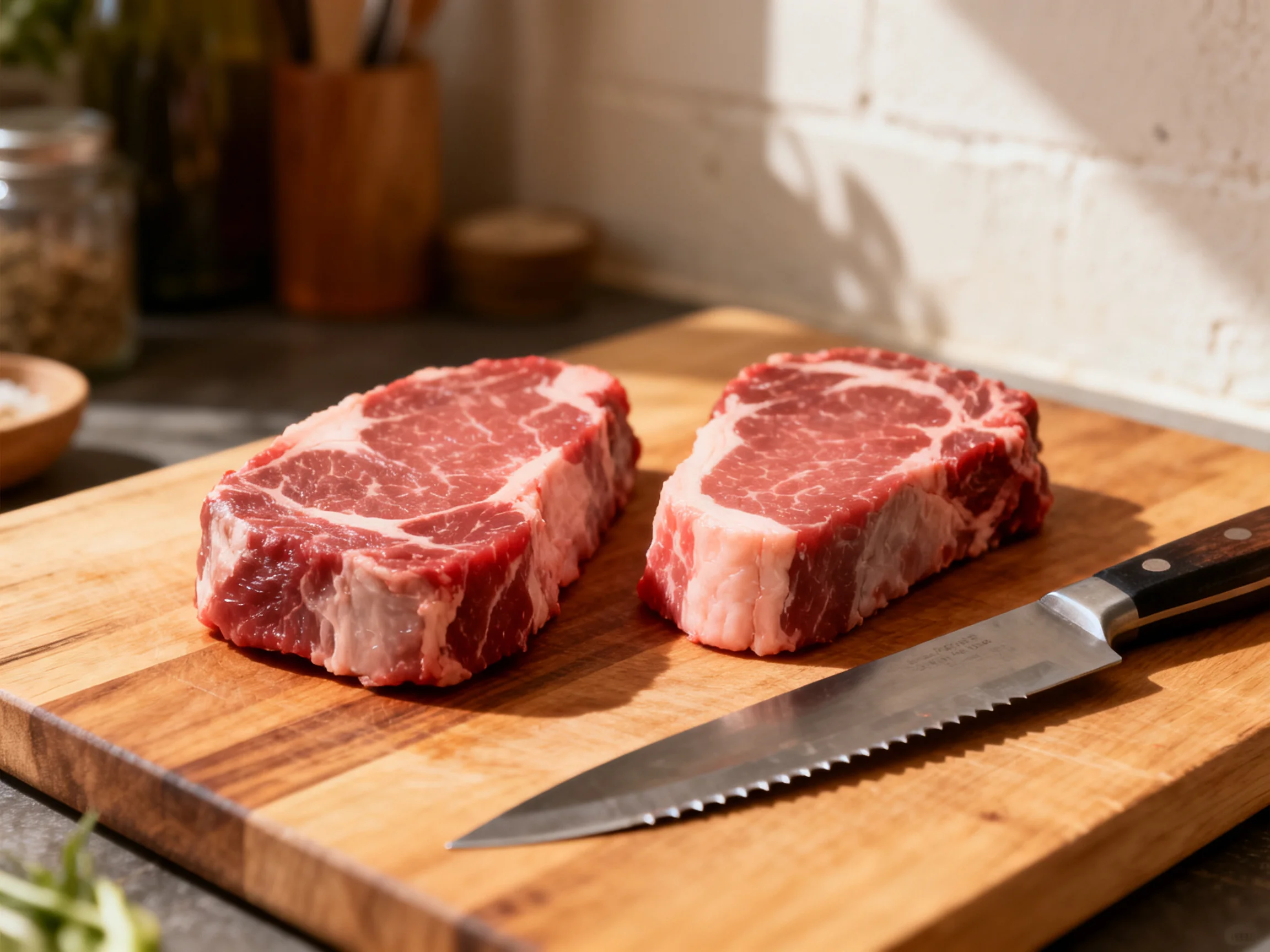 Two marbled raw steaks on a wooden cutting board with a serrated knife