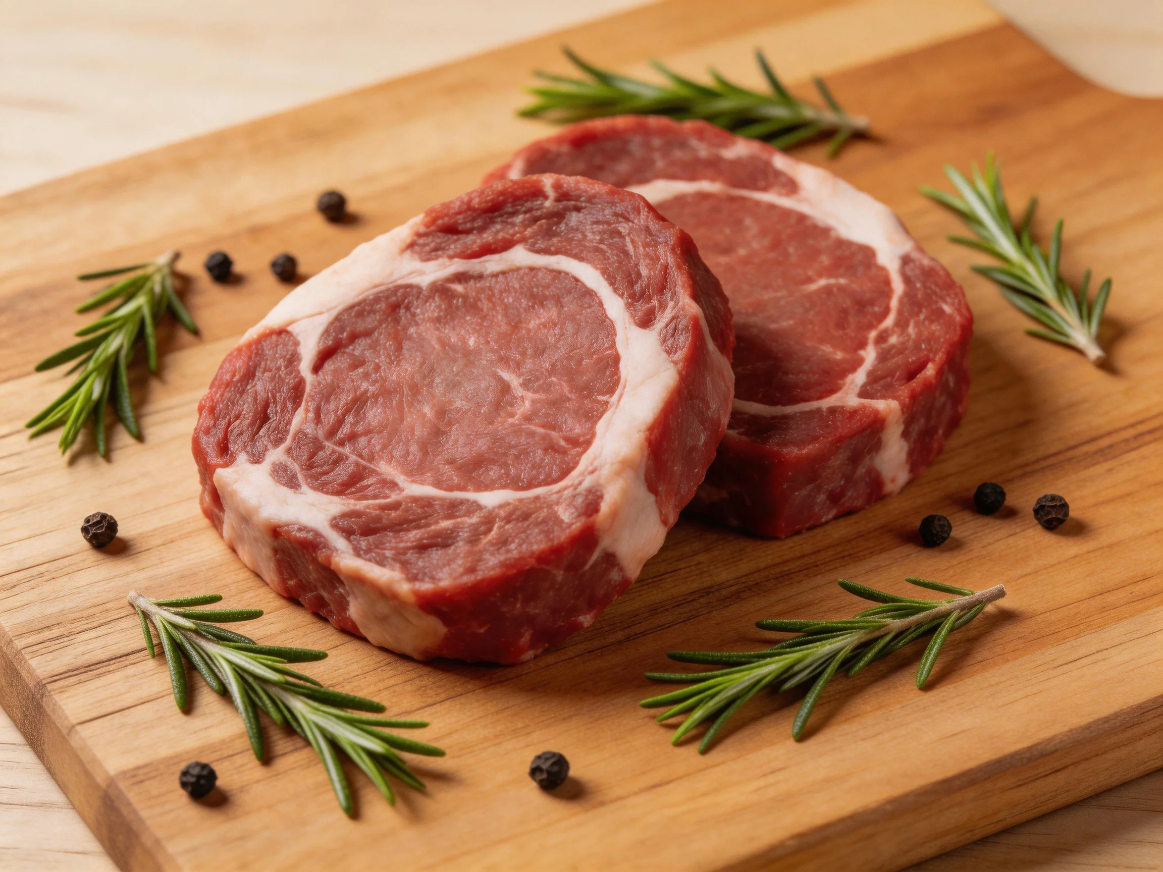 Two marbled red steaks rest on a wooden cutting board with rosemary and peppercorns