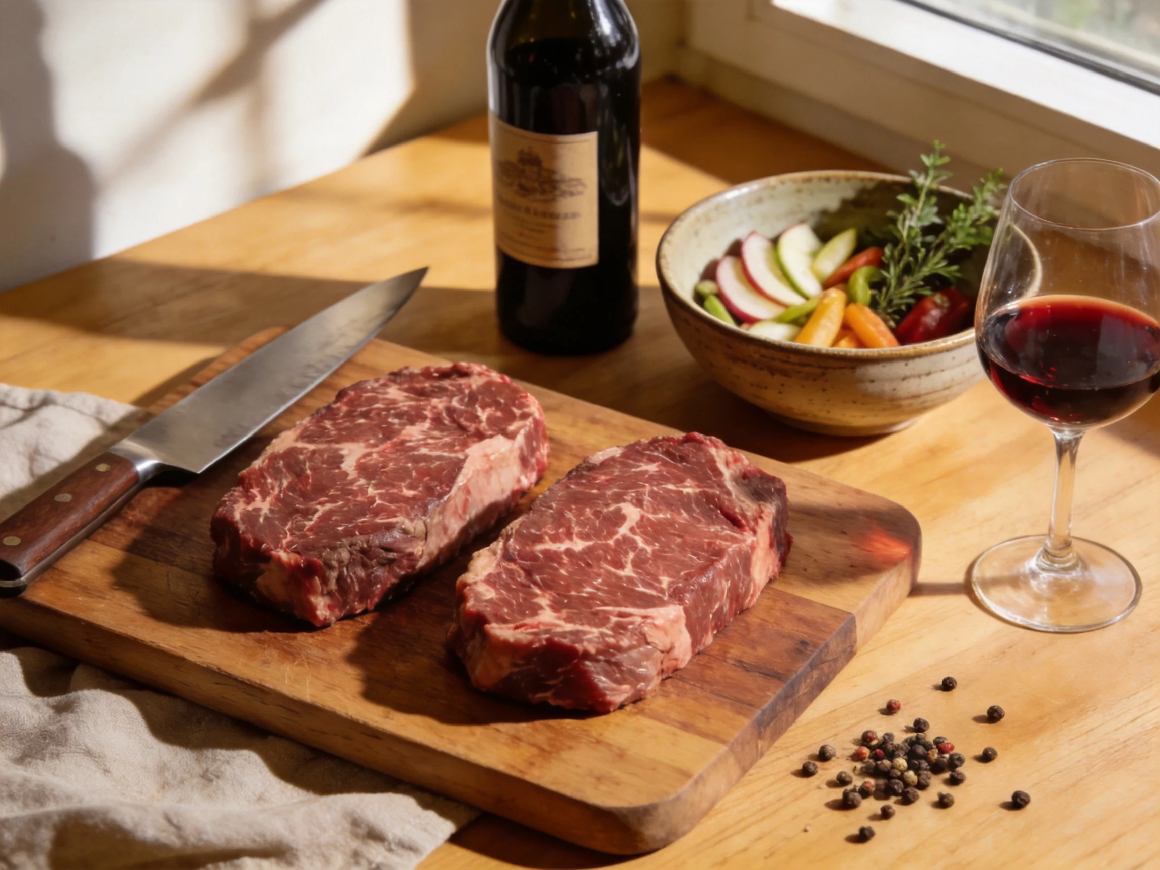Two marbled steaks on a wooden board with wine and fresh vegetables