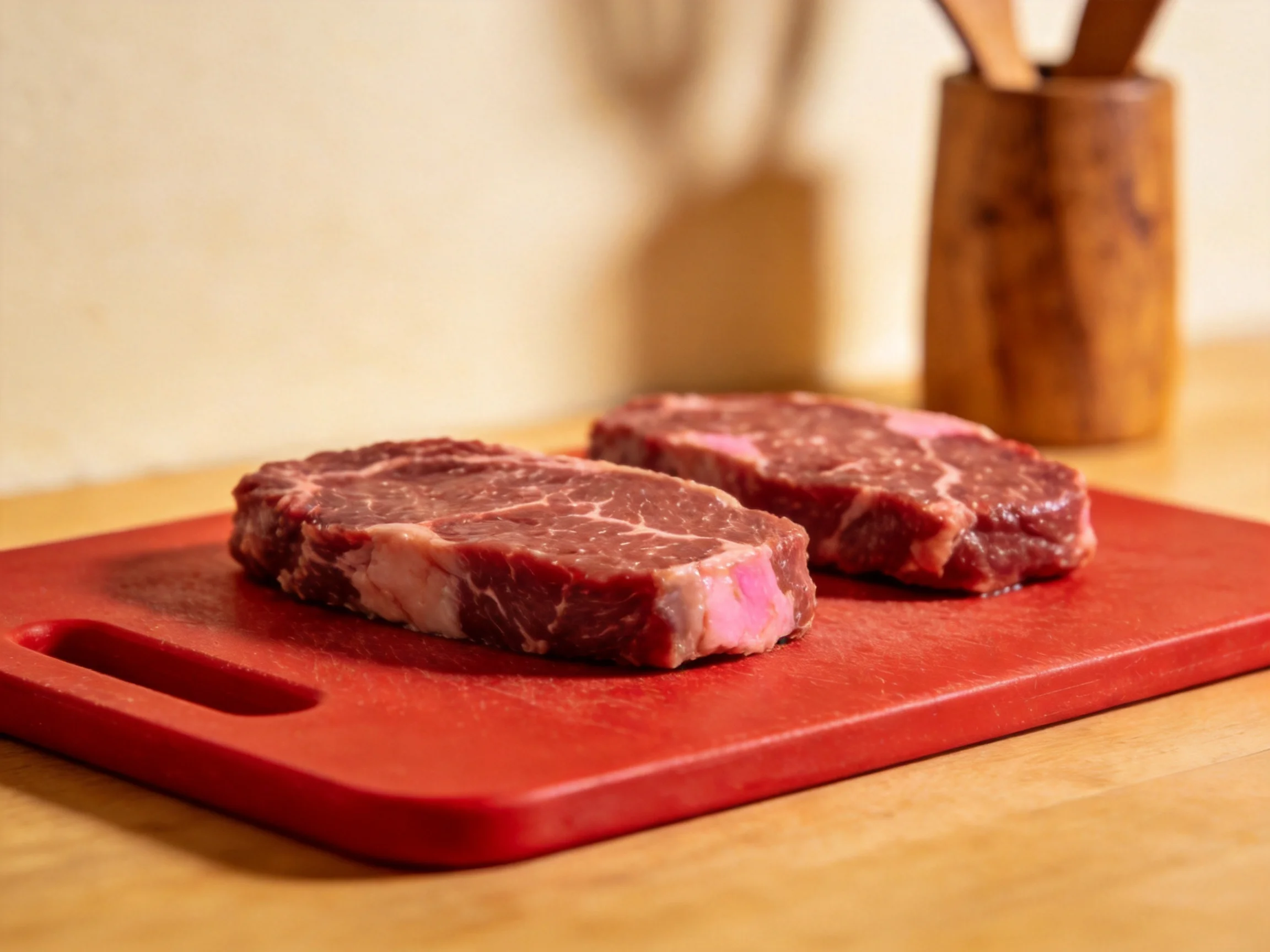 Two marbled steaks rest on a bright red cutting board near wooden utensils.
