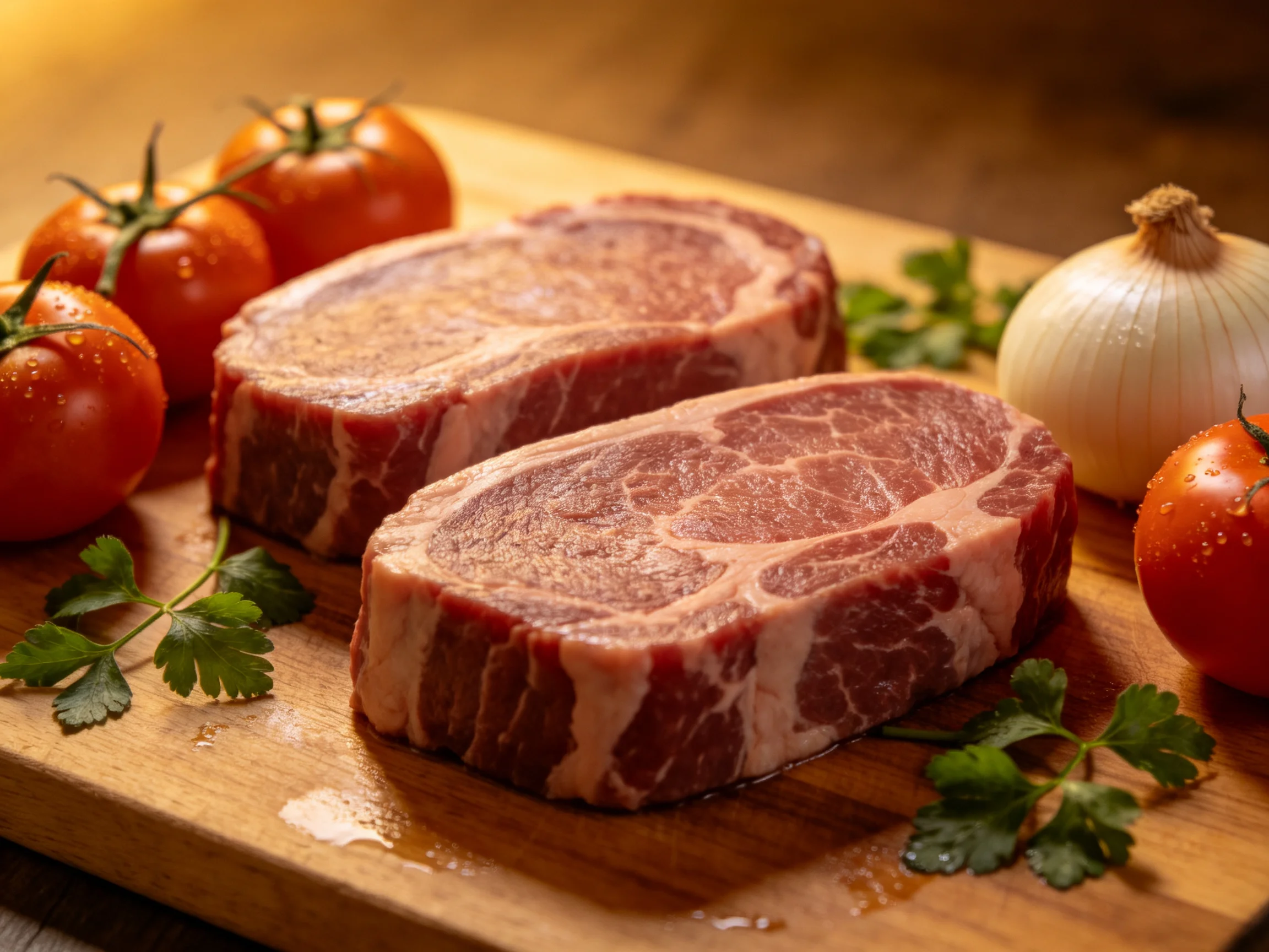 Two marbled steaks rest on a wooden board with fresh tomatoes and herbs