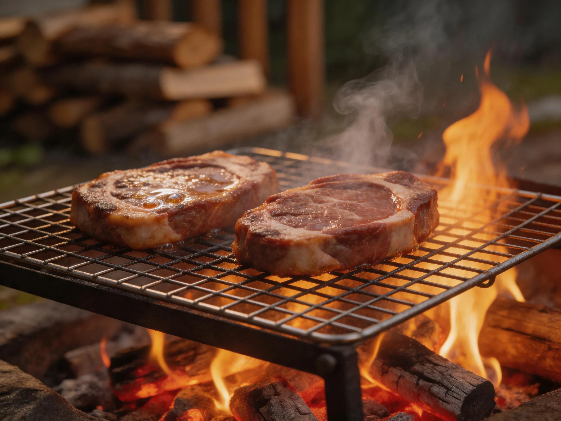 Two marbled steaks sizzle on a metal grill over blazing campfire logs