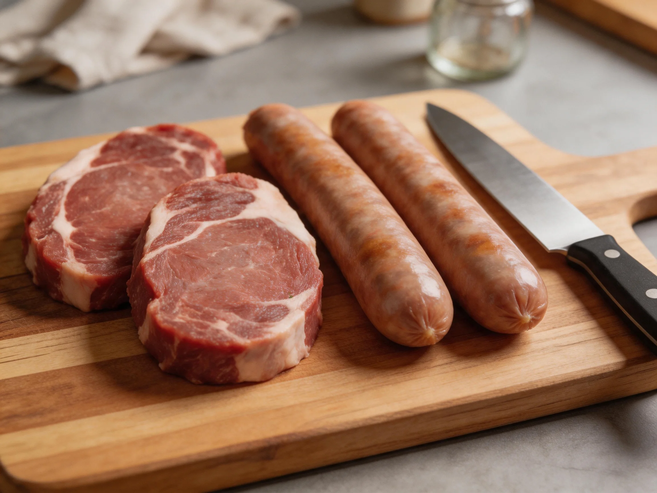 Two marbled steaks, two brown sausages, and a knife on a wooden cutting board