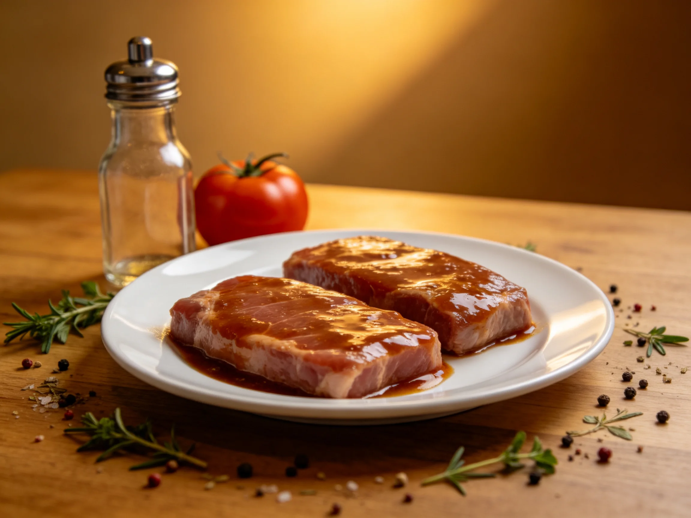 Two marinated pork cuts on a white plate with tomato and herbs