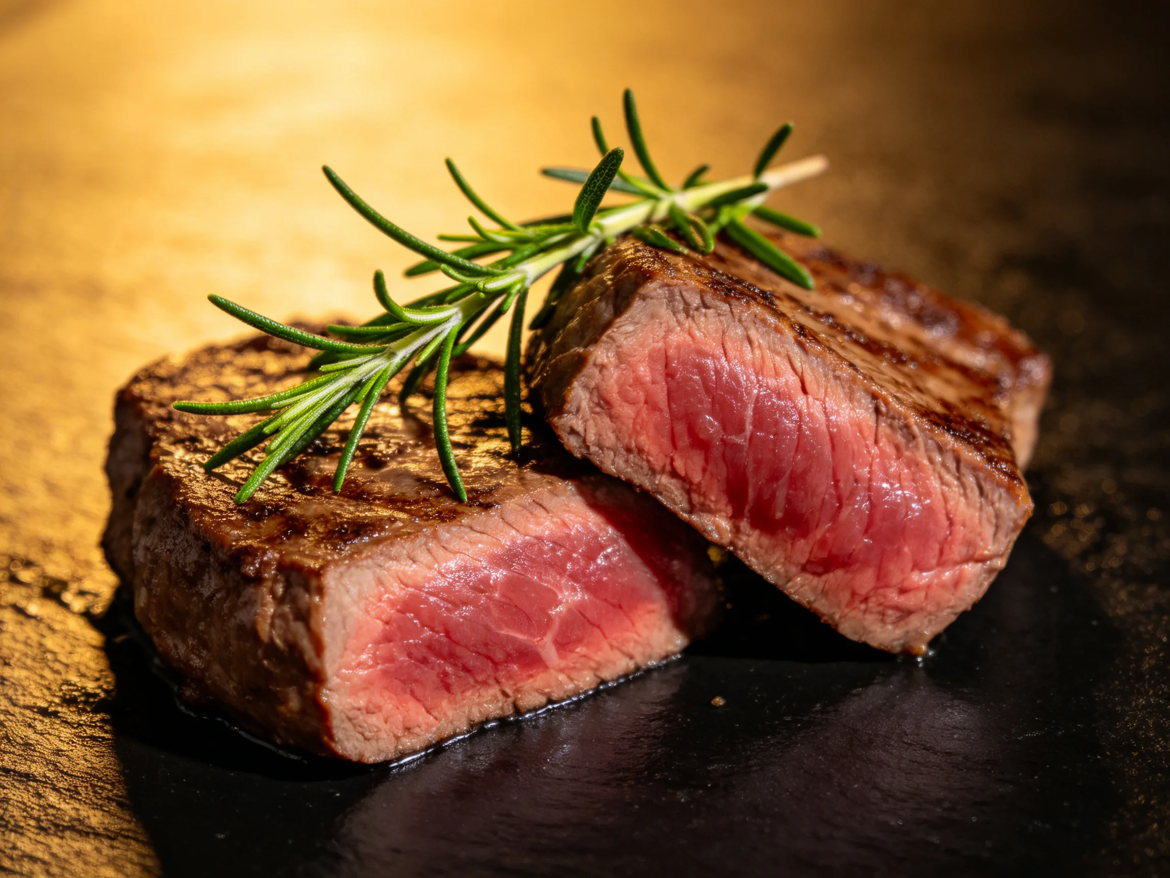 Two medium-rare steaks garnished with rosemary on a dark surface