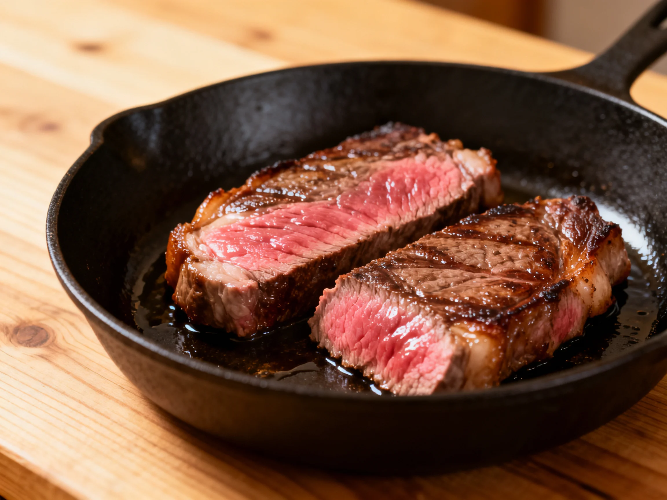 Two medium - rare steaks sizzling in a black cast iron skillet on a wooden surface