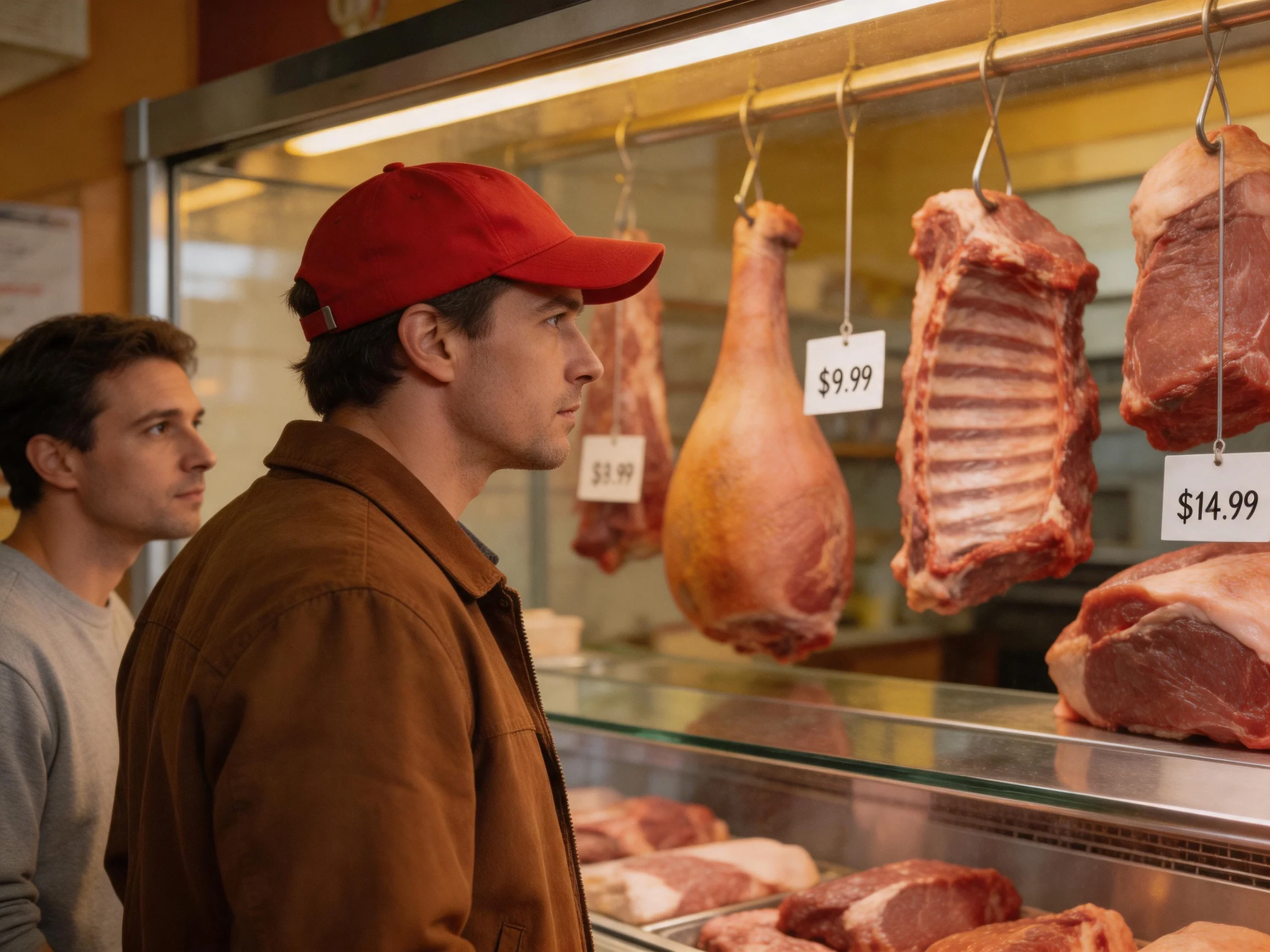 Two men examine assorted hanging meats in a glass-fronted deli display