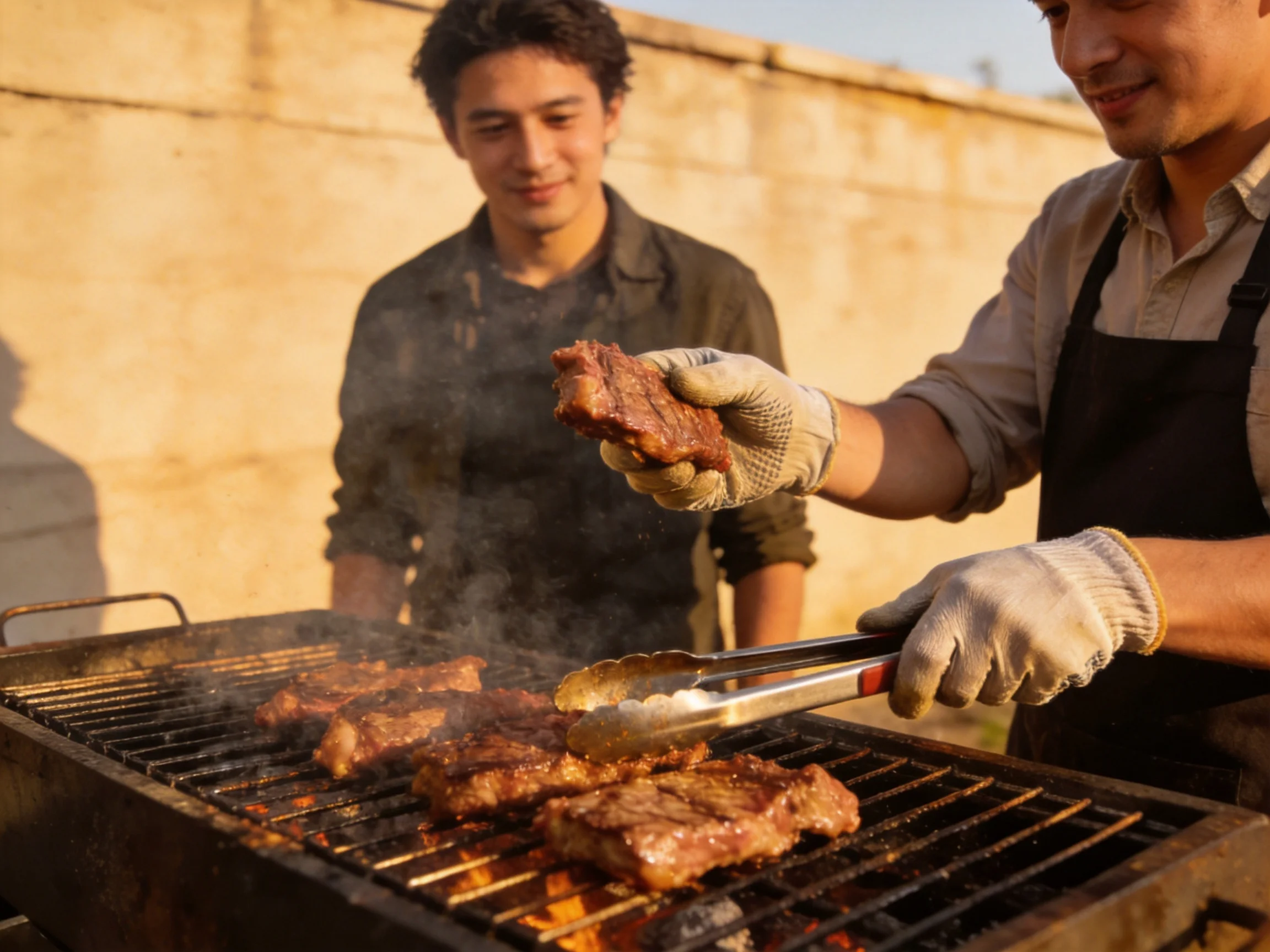 Two men grill maroon steaks on an outdoor charcoal grill near a stone wall