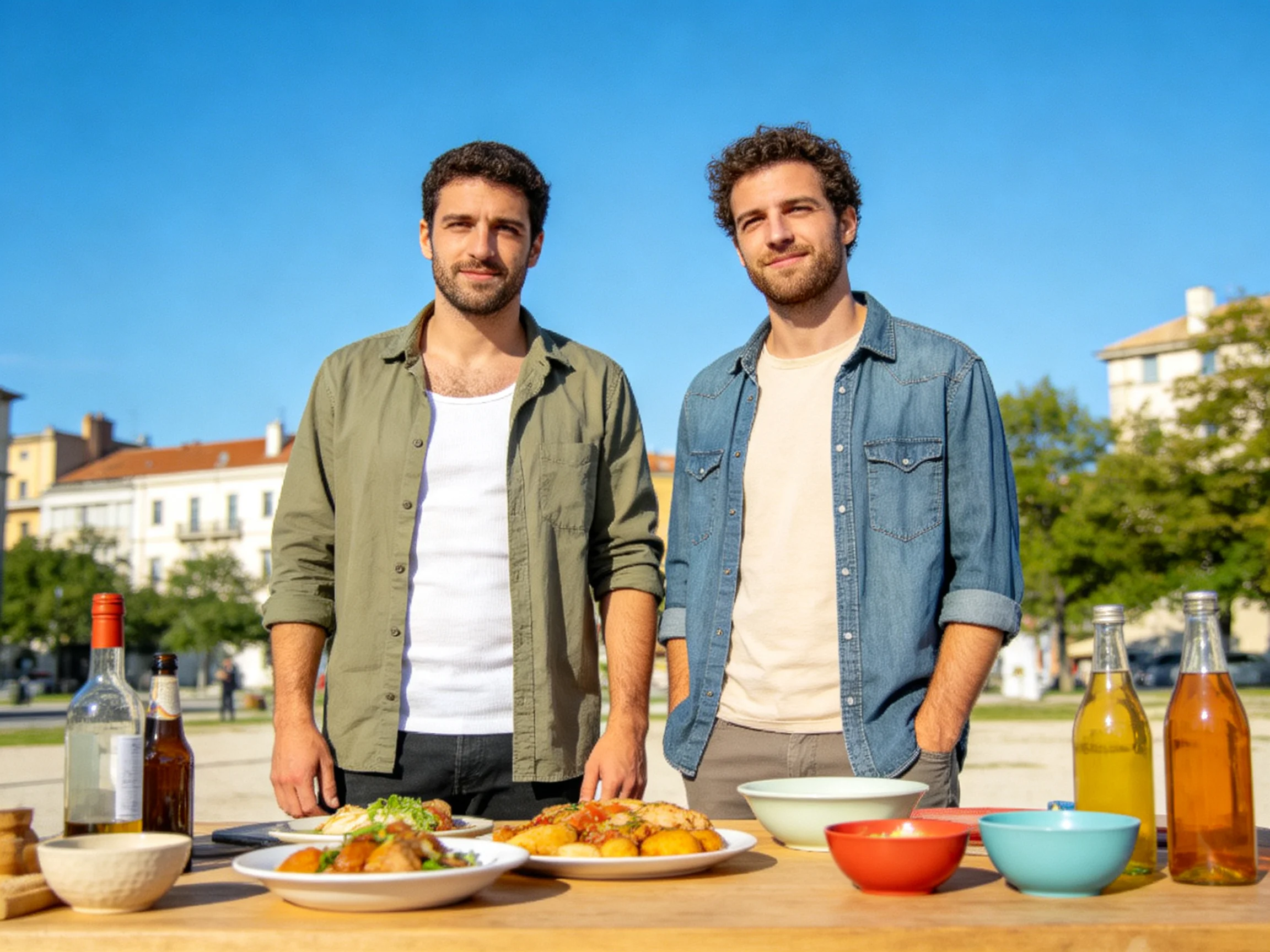 Two men stand by a table of food and drinks in an outdoor plaza