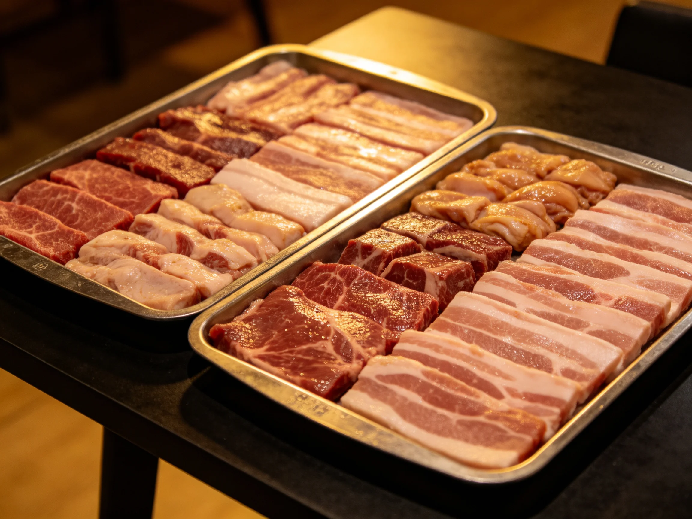 Two metal trays hold assorted raw meats with diverse cuts and hues