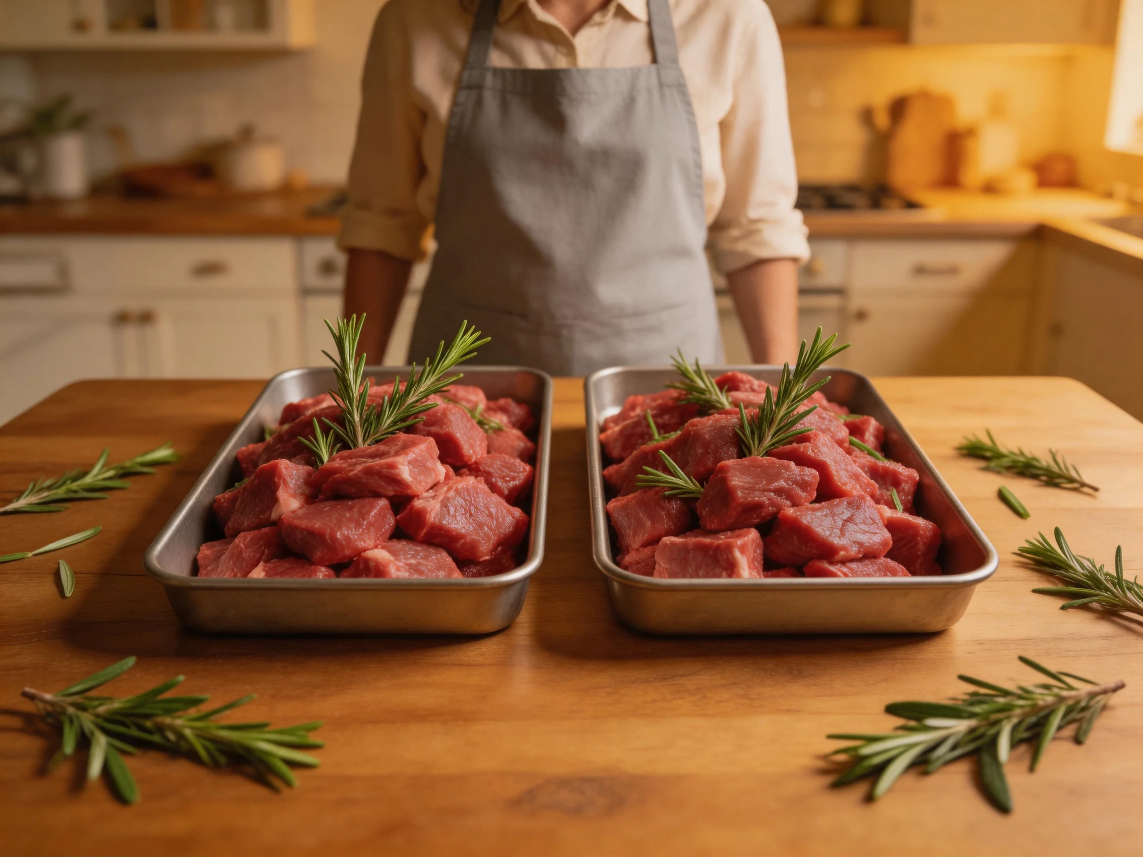 Two metal trays hold raw red meat with rosemary