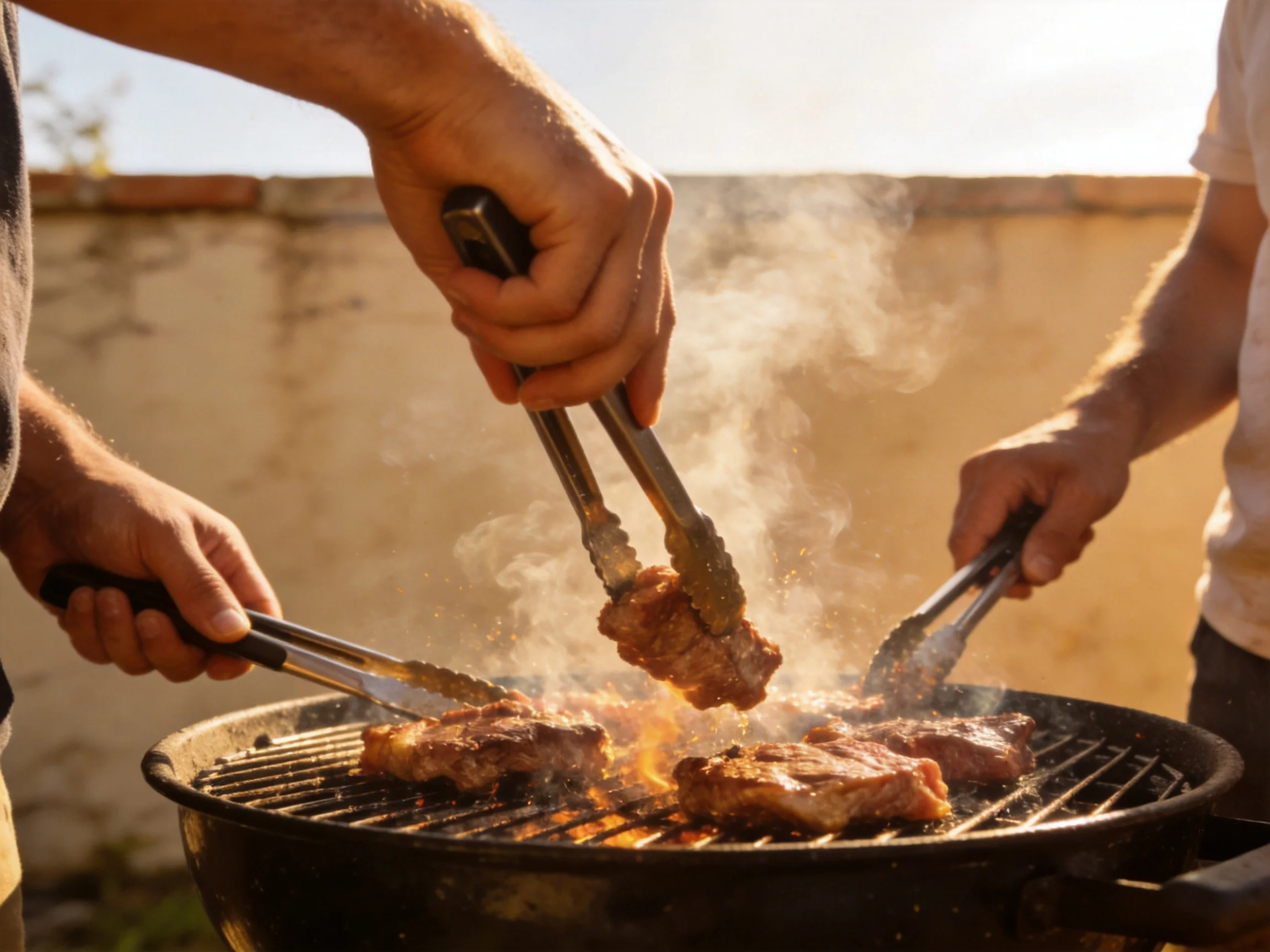 Two people grilling marinated steaks over a black charcoal grill outdoors
