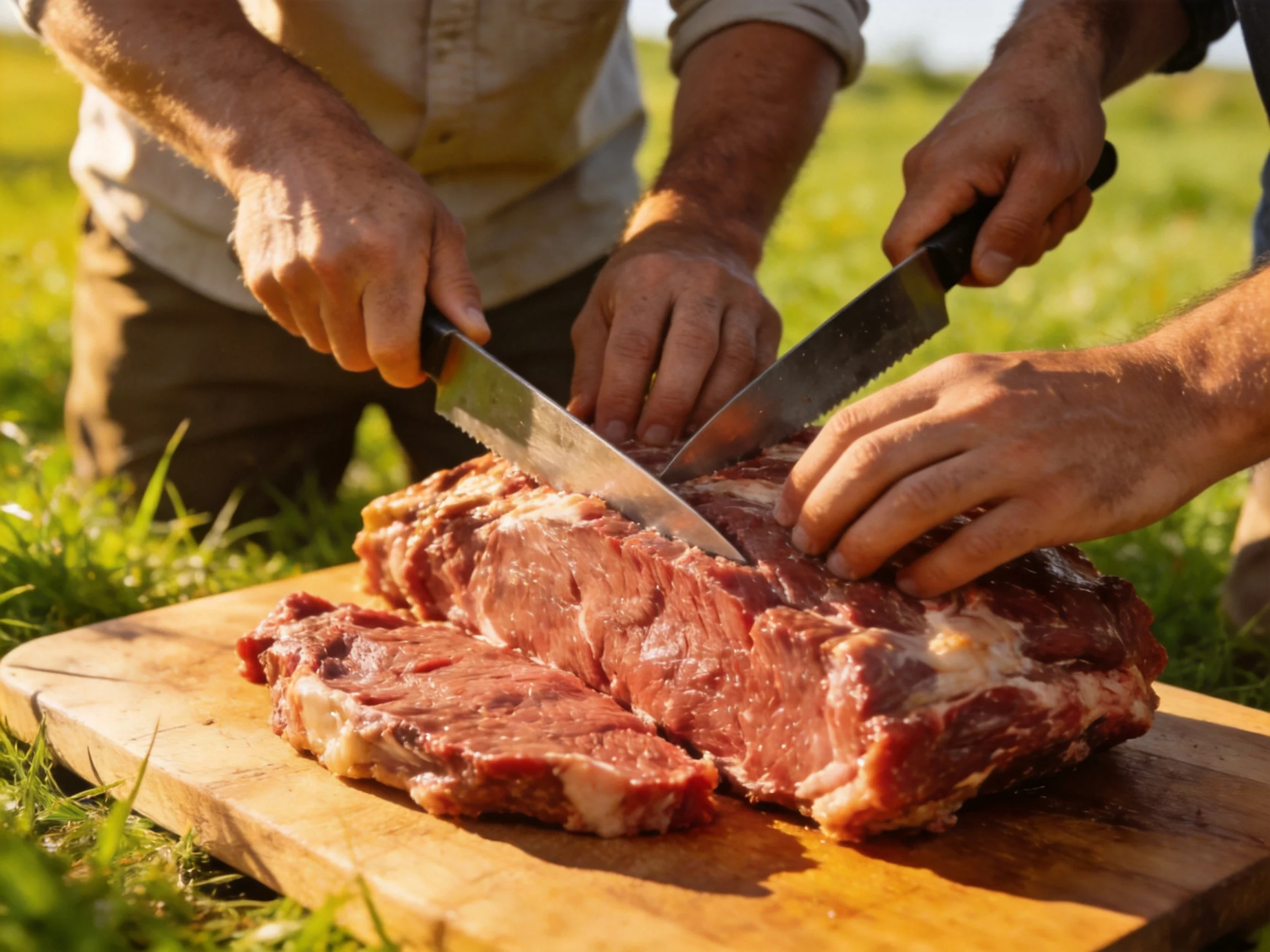 Two people slicing raw red meat on a wooden board in a grassy field