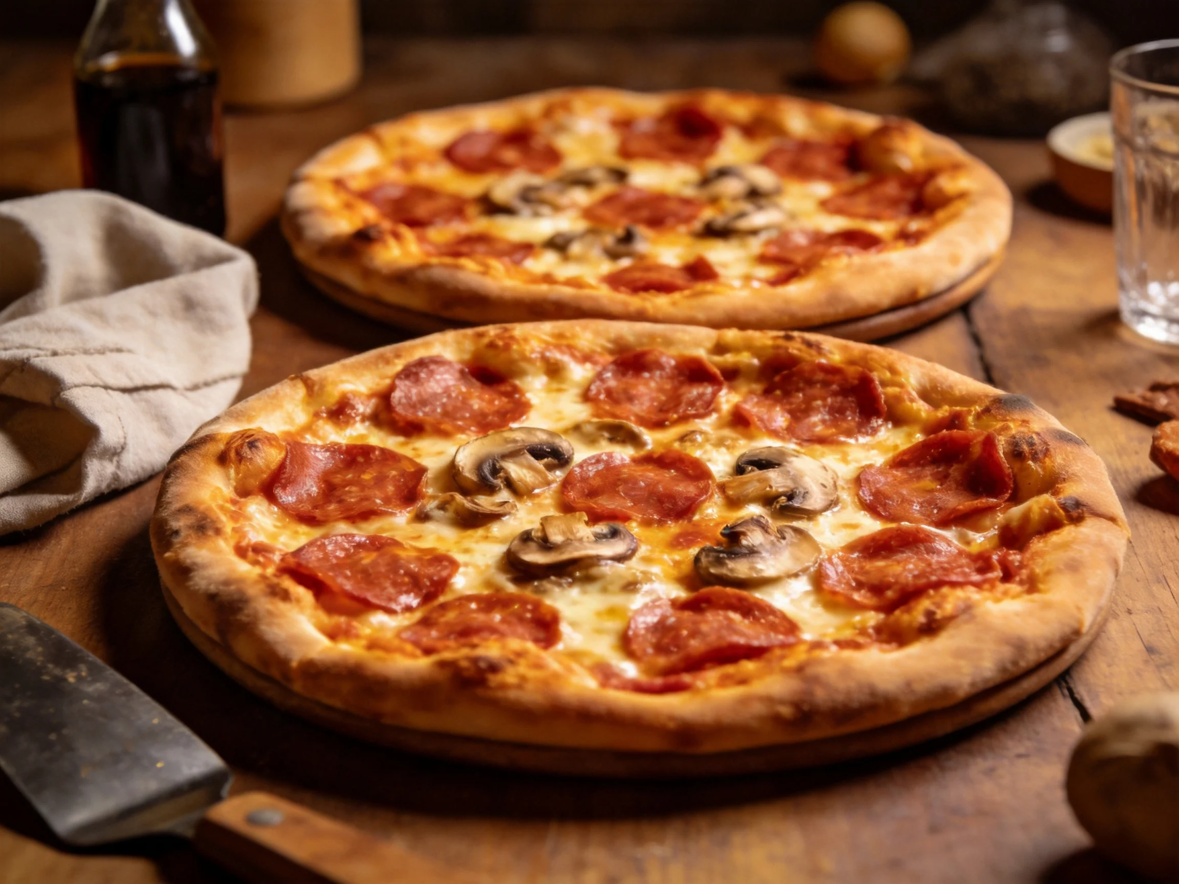 Two pepperoni and mushroom pizzas on wooden boards with kitchen accessories