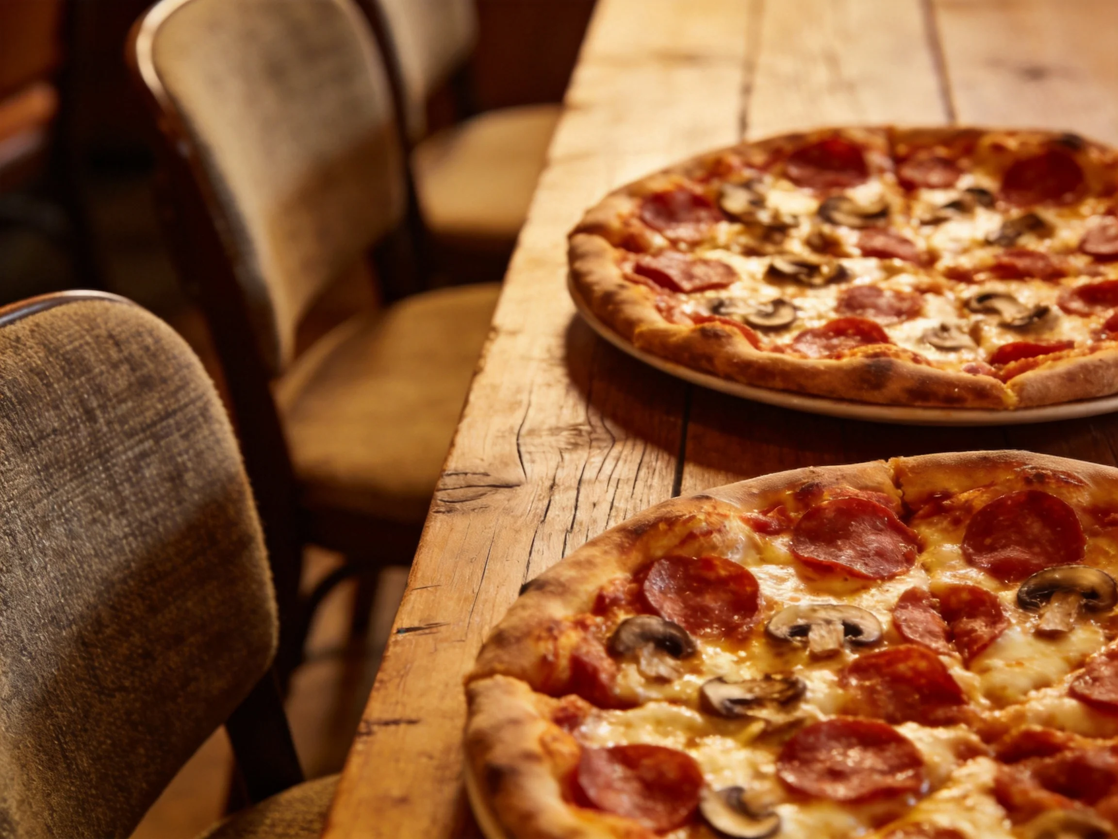 Two pepperoni and mushroom pizzas sit on a rustic wooden table near beige chairs