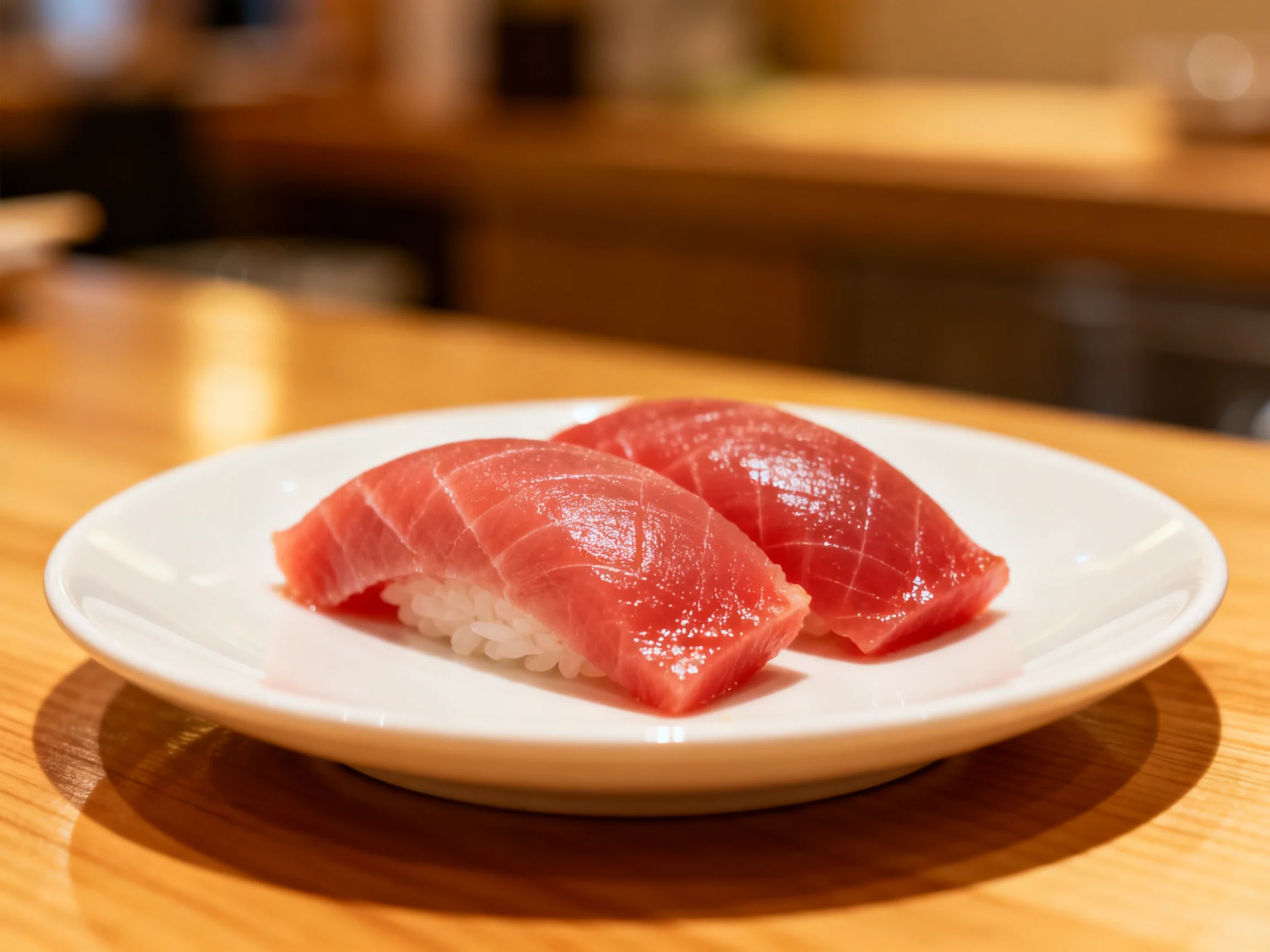 Two pieces of fresh tuna nigiri sushi served on a white plate