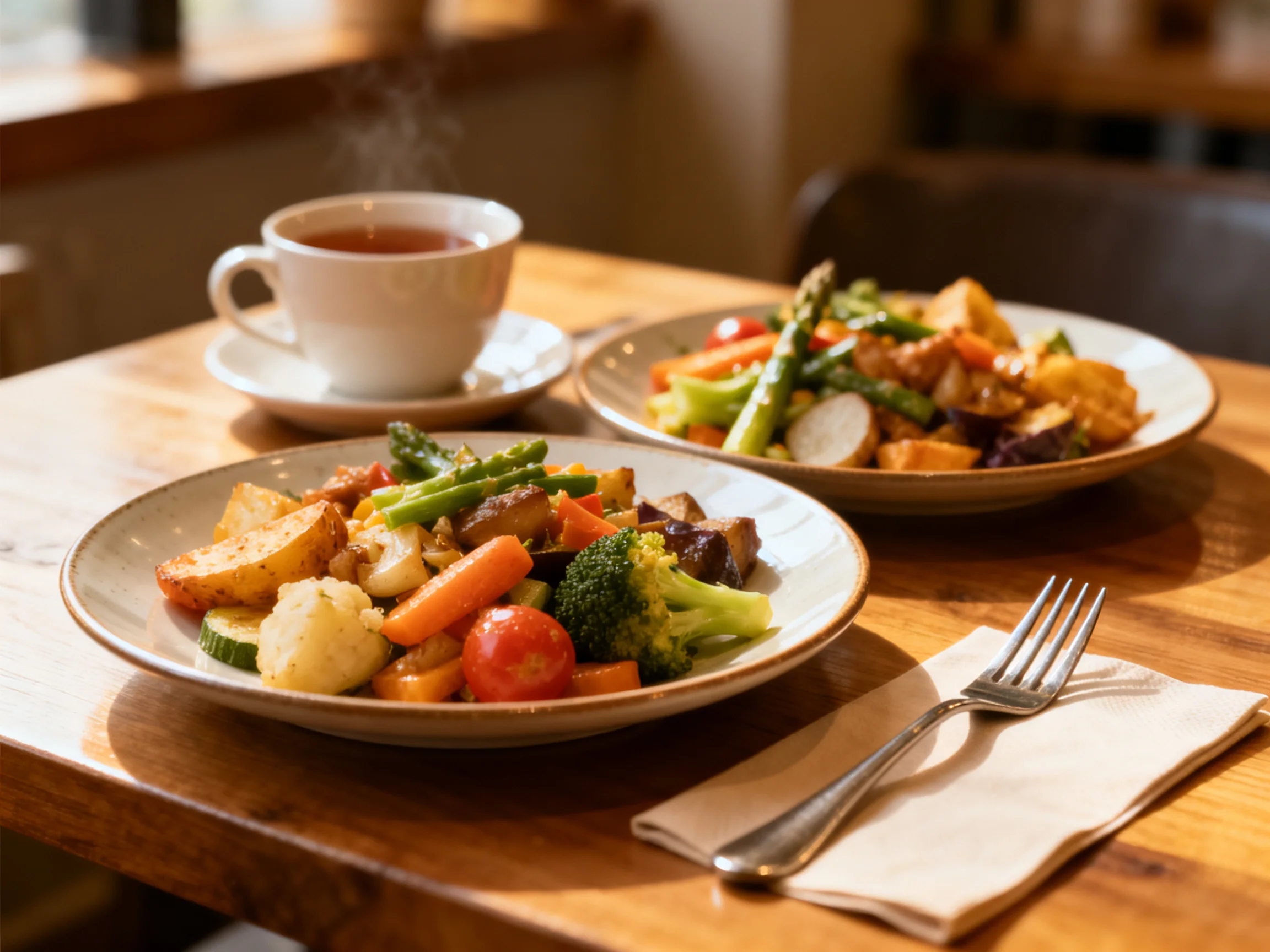 Two plates of assorted roasted vegetables next to a steaming teacup on a wooden table