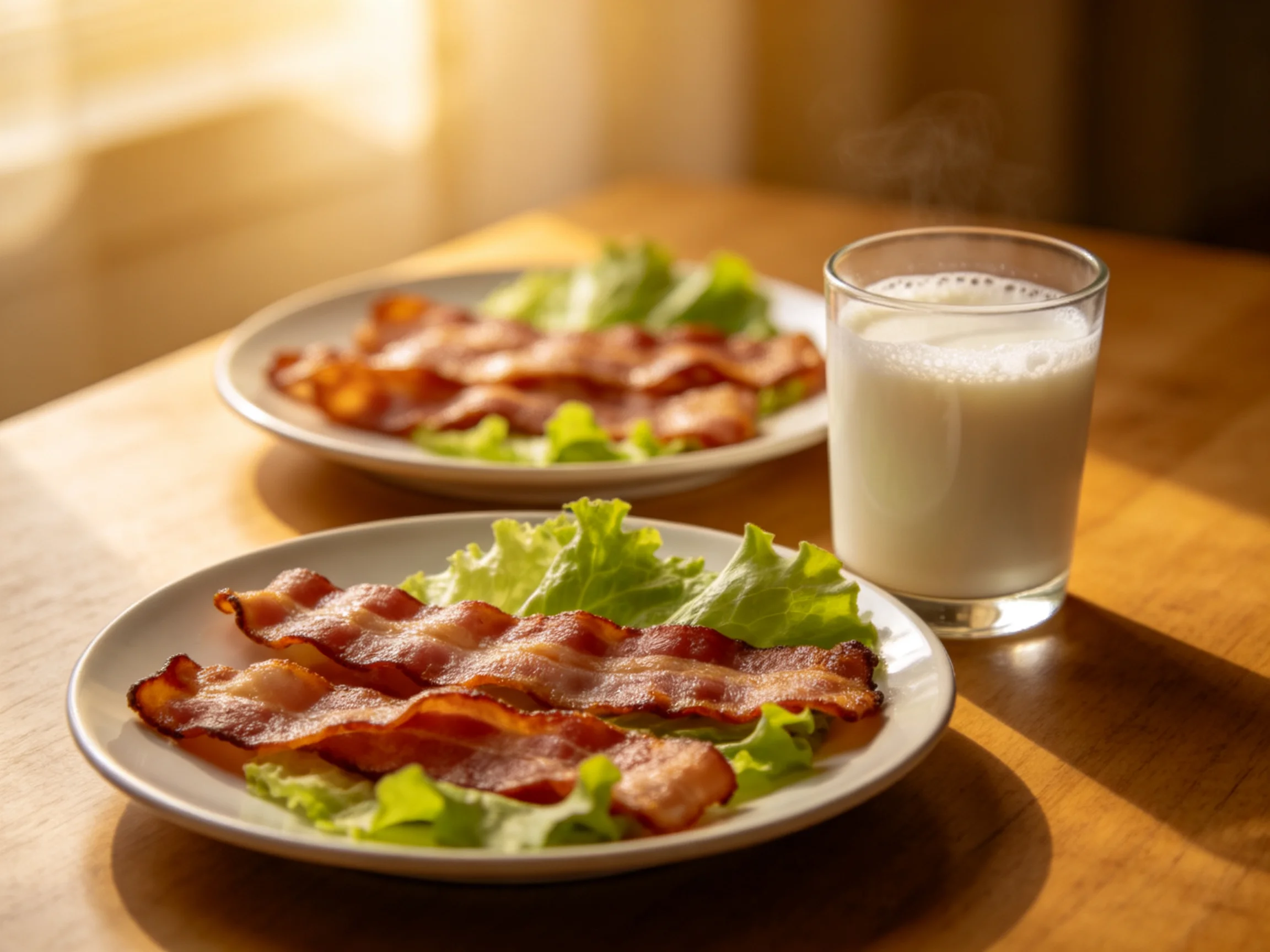 Two plates of crispy bacon with lettuce, a glass of steaming milk on a wooden table