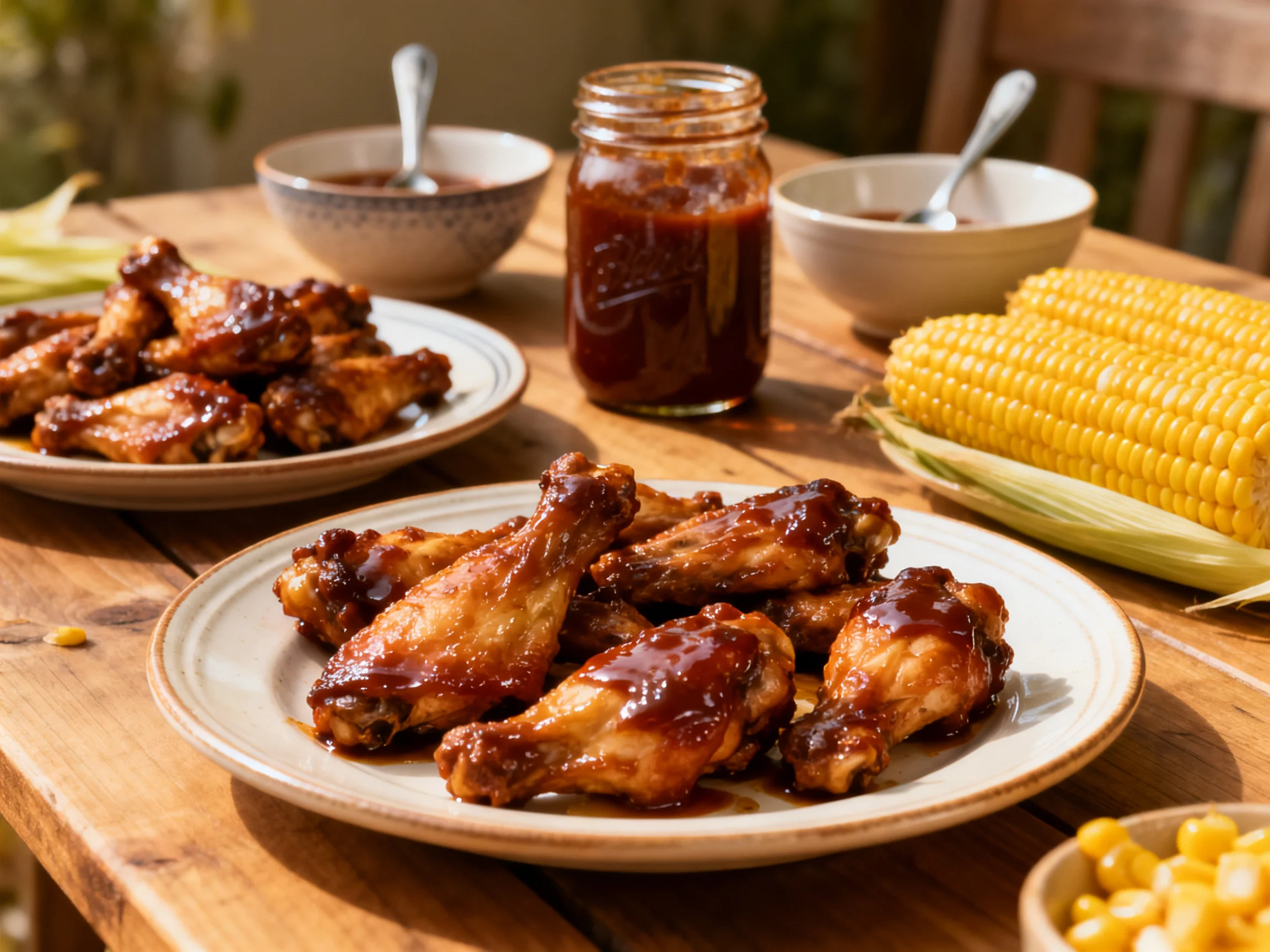 Two plates of grilled BBQ chicken wings, corn, and sauce jars on a wooden table
