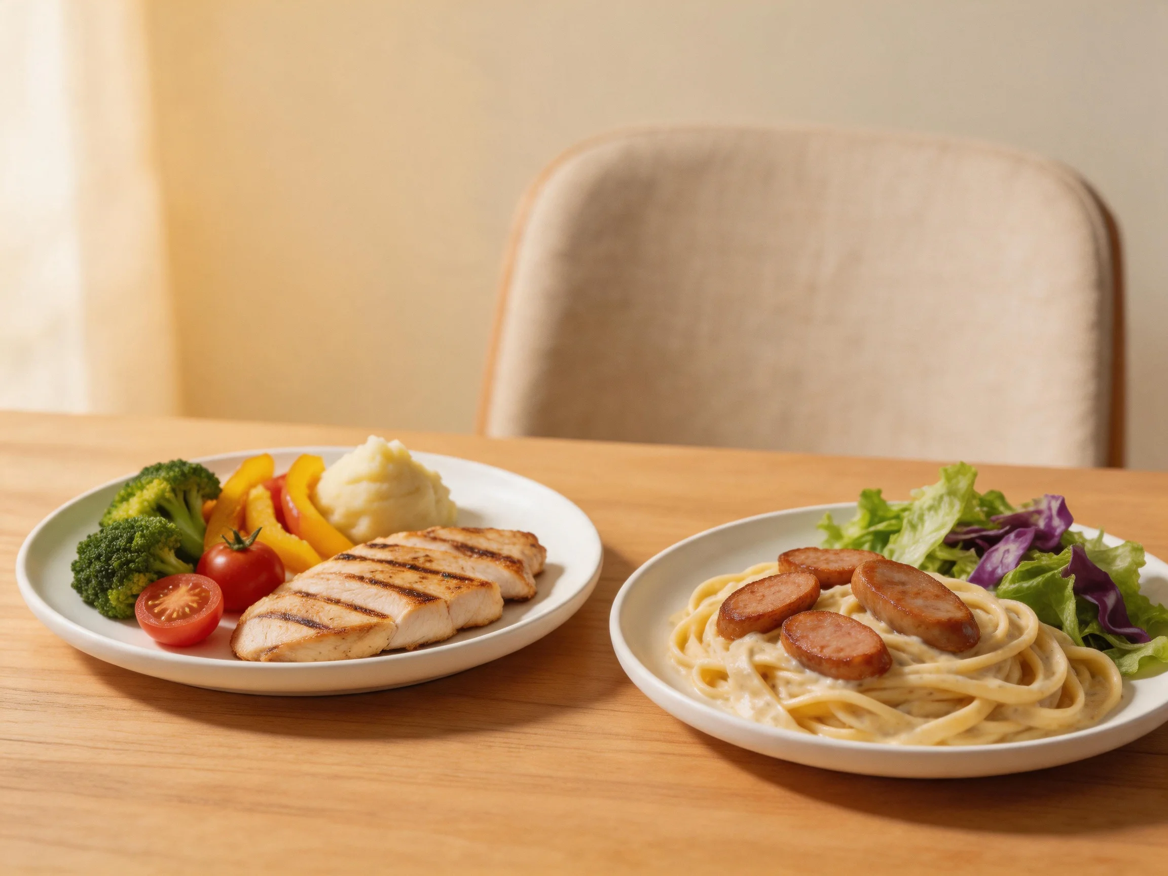 Two plates of grilled chicken and creamy pasta on a wooden table
