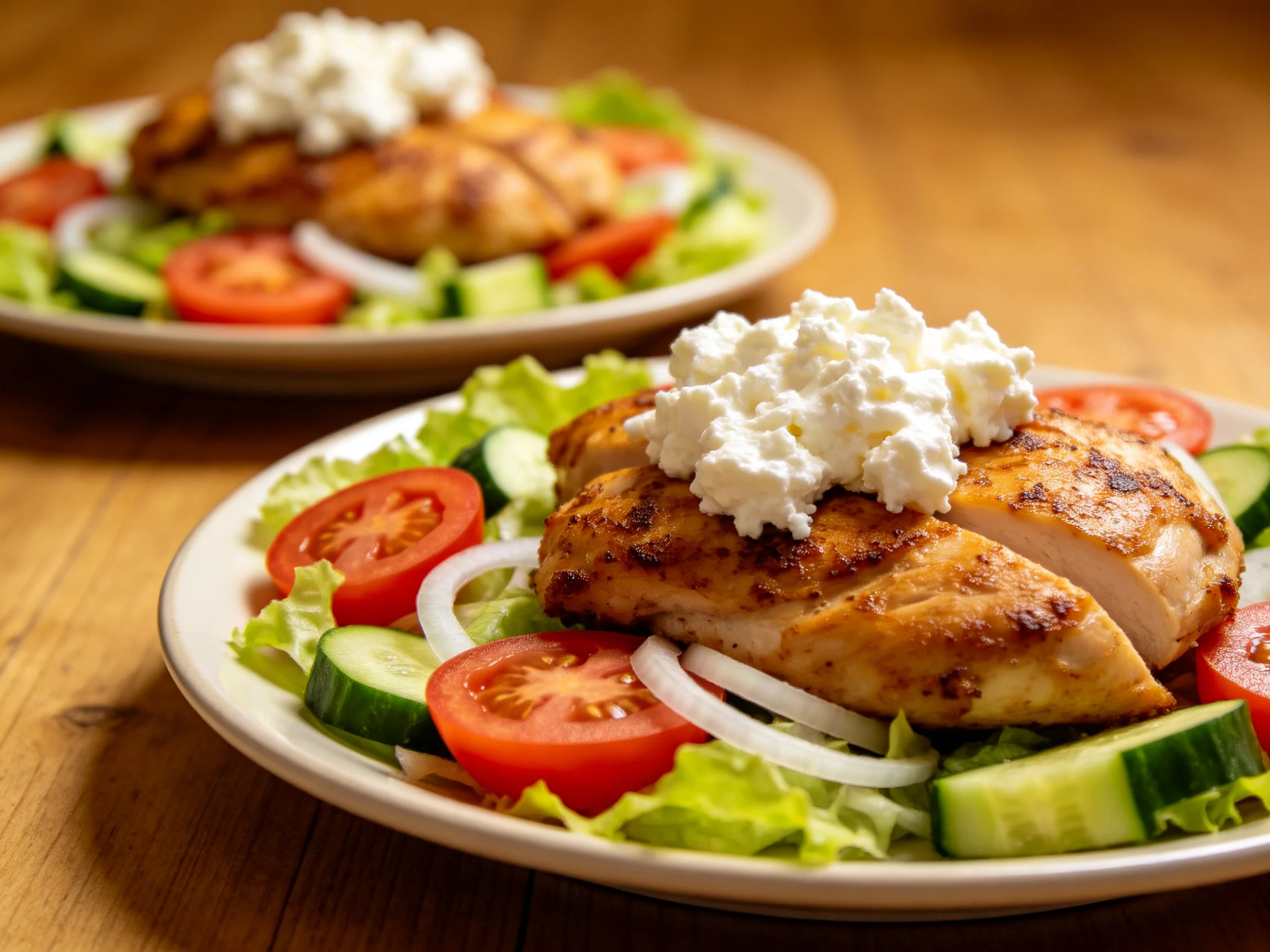 Two plates of grilled chicken salad with fresh vegetables and feta cheese