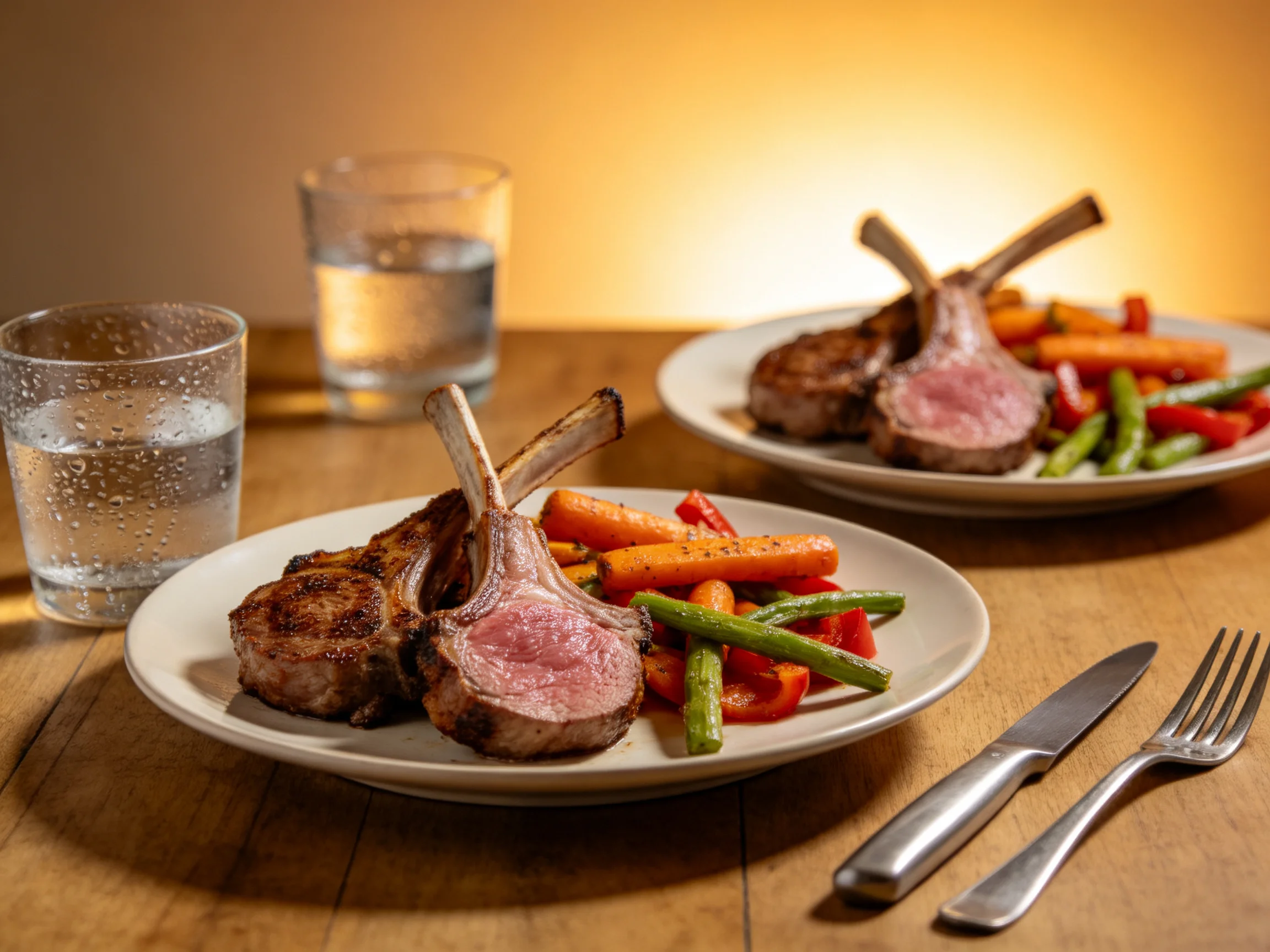 Two plates of grilled lamb chops with mixed veggies and water glasses