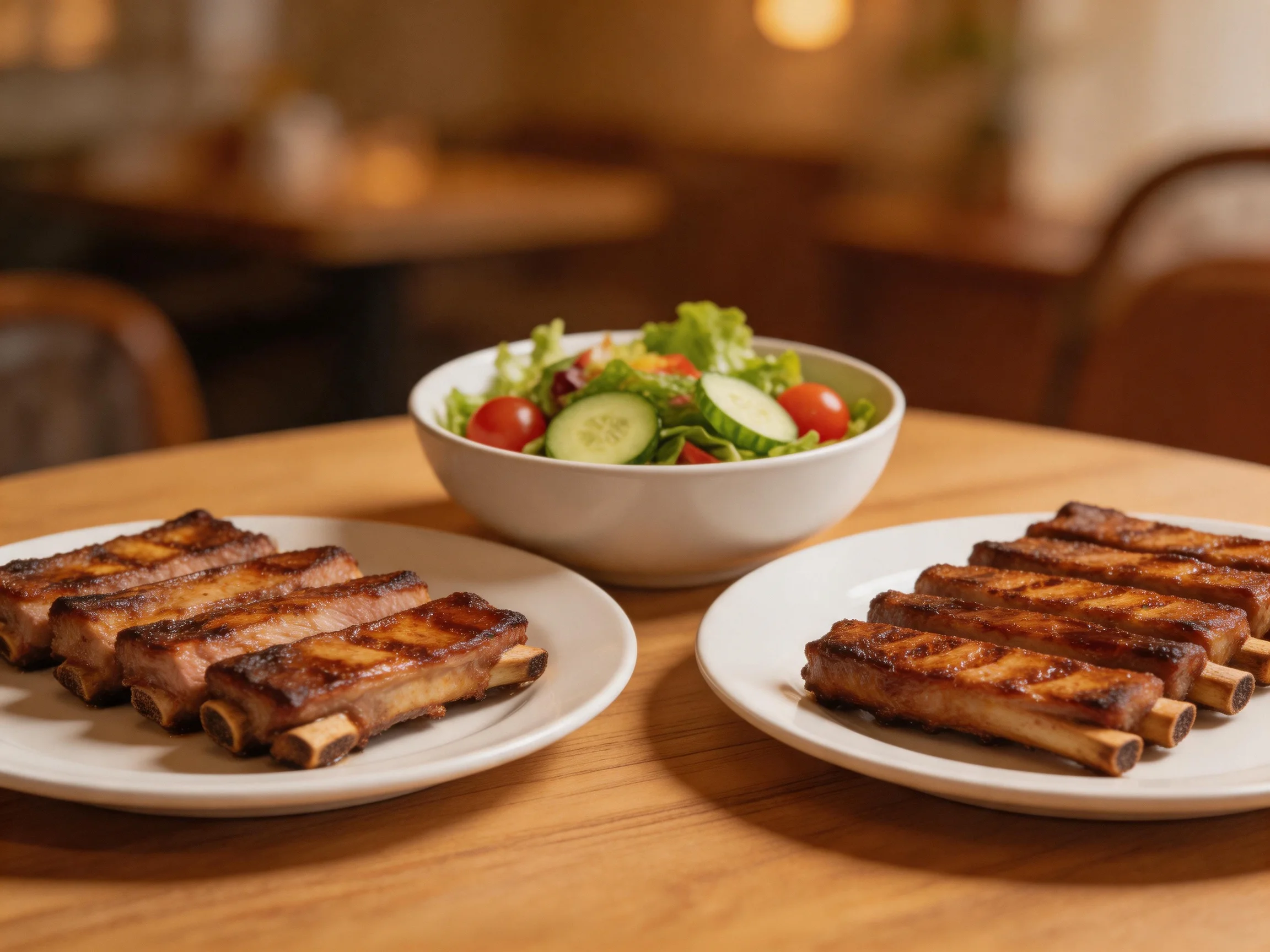 Two plates of grilled ribs and a fresh salad on a wooden table