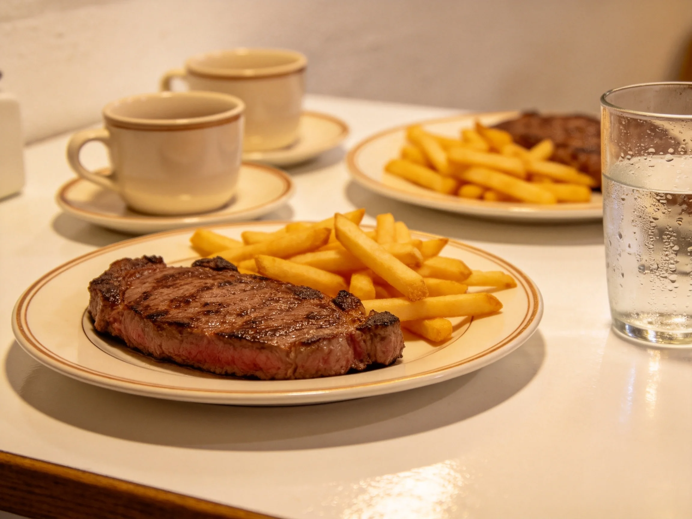 Two plates of grilled steak and golden fries with ceramic cups and a glass of water