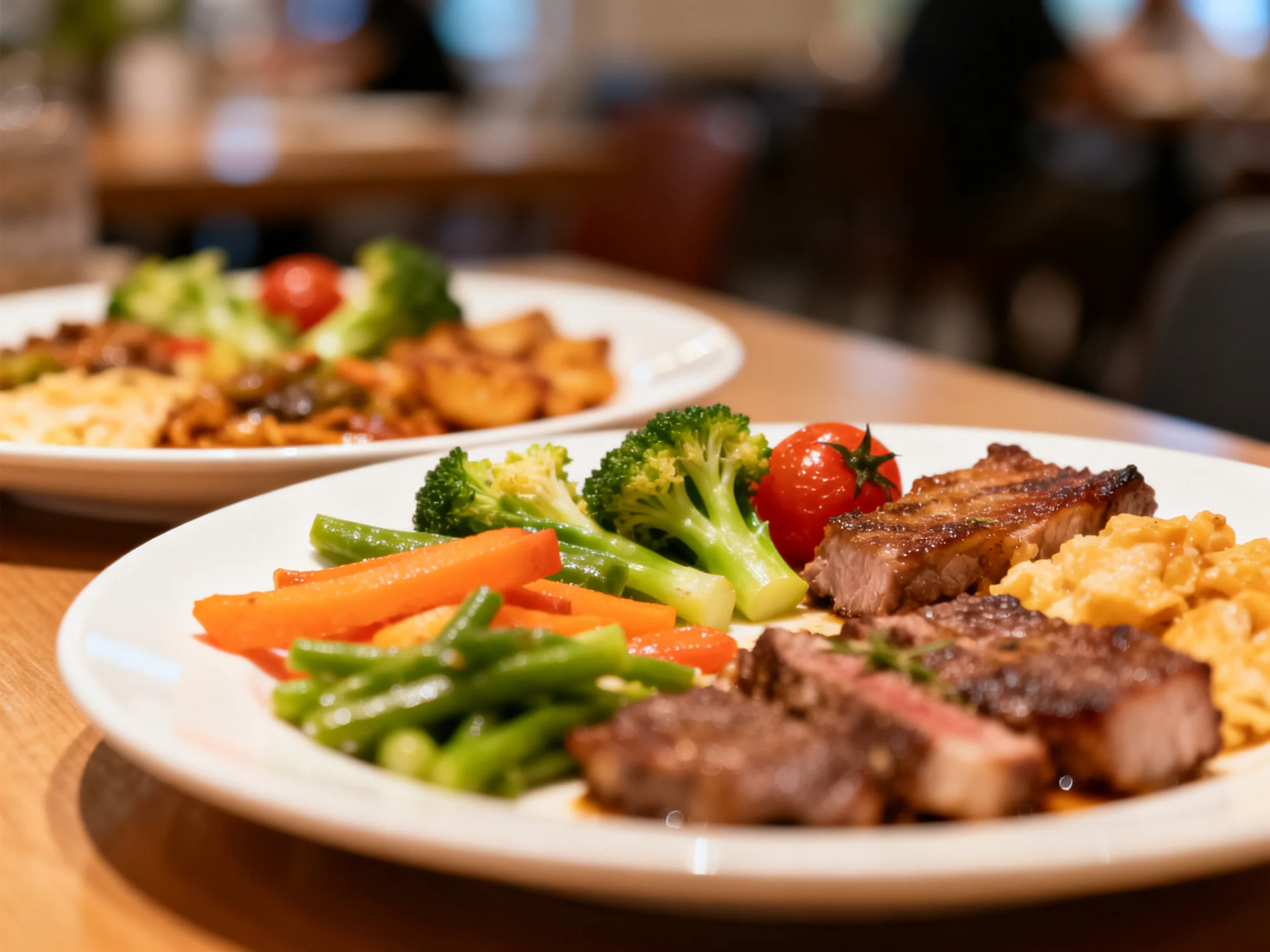 Two plates of grilled steak and mixed vegetables on a wooden table