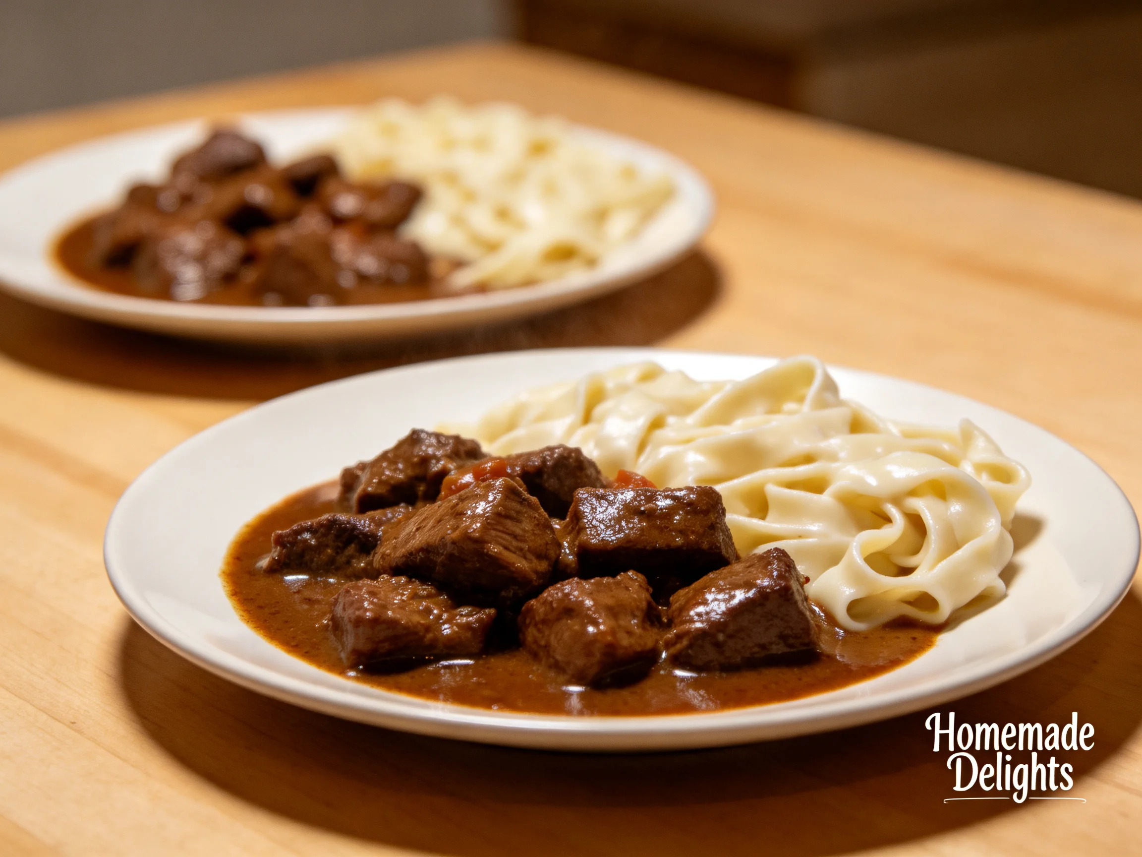 Two plates of hearty beef stew served with wide egg noodles