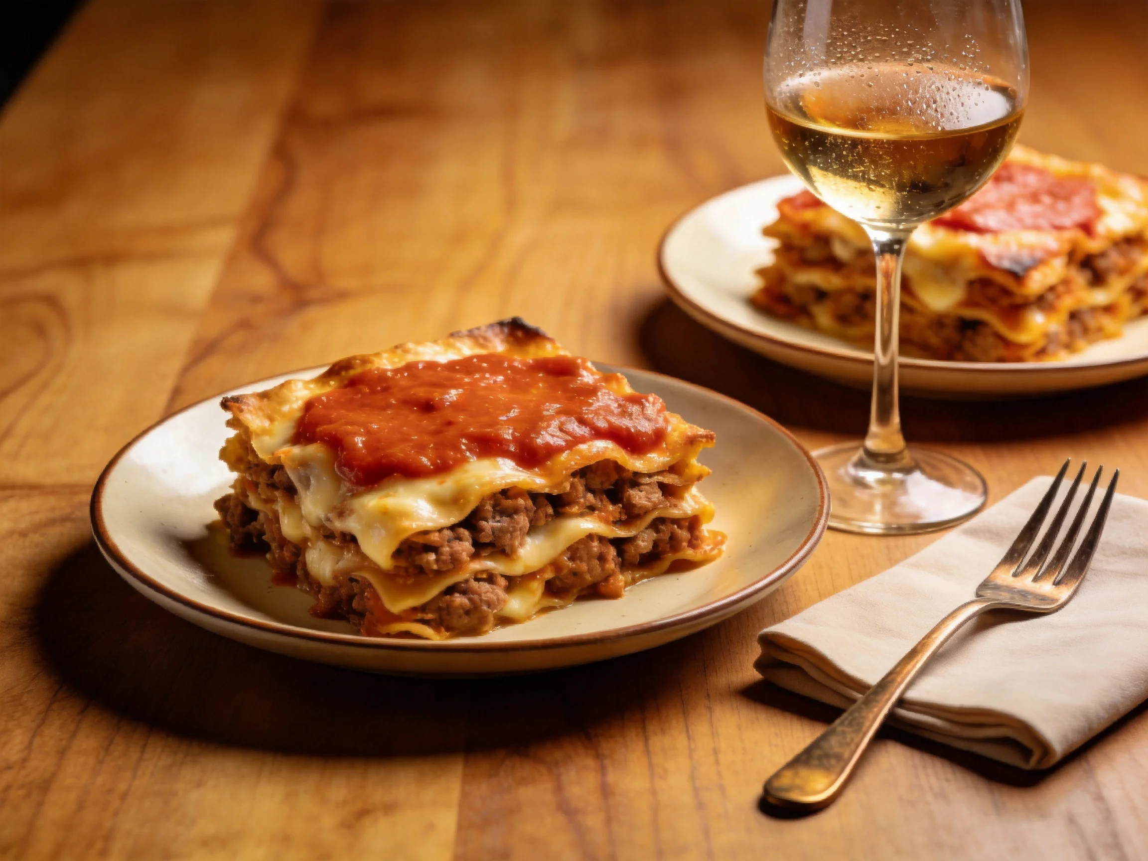 Two plates of lasagna with meat sauce near a wine glass