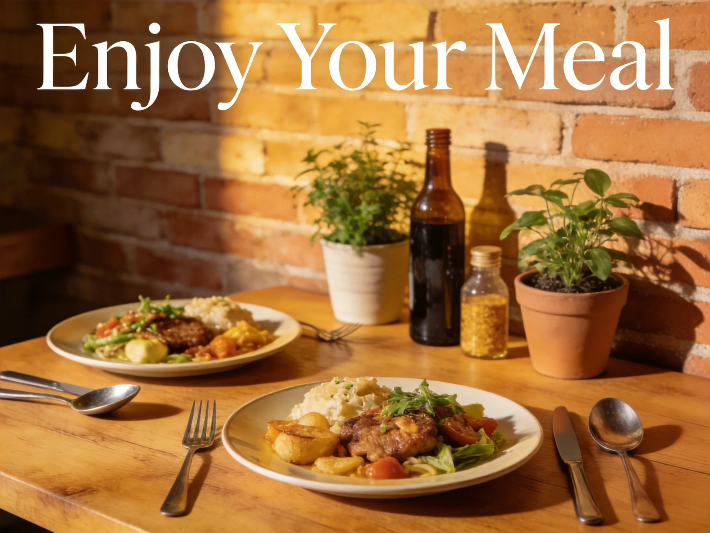Two plates of savory dishes sit on a wooden table near brick walls with potted plants