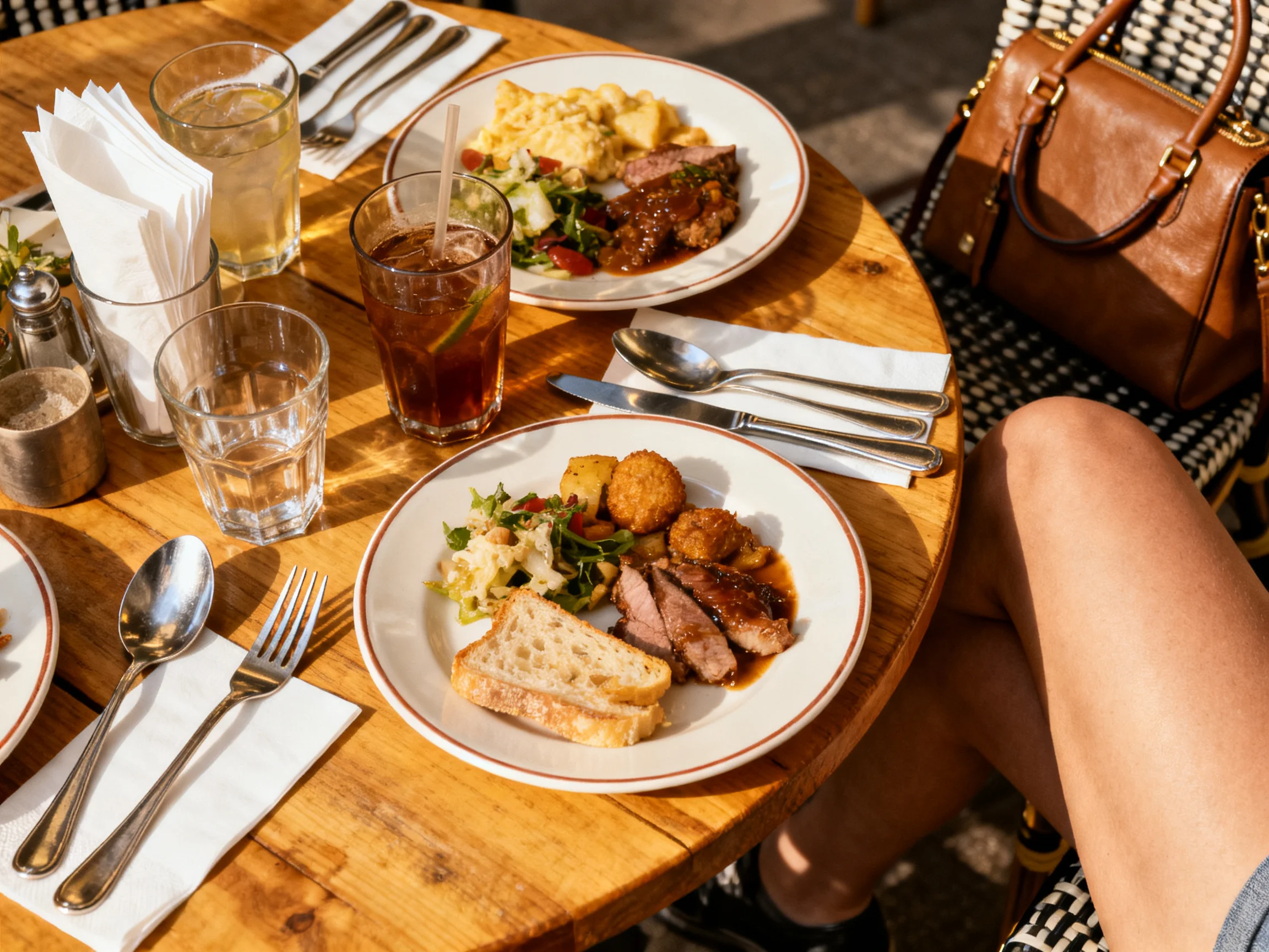Two plates of savory meals sit on a round wooden table outdoors