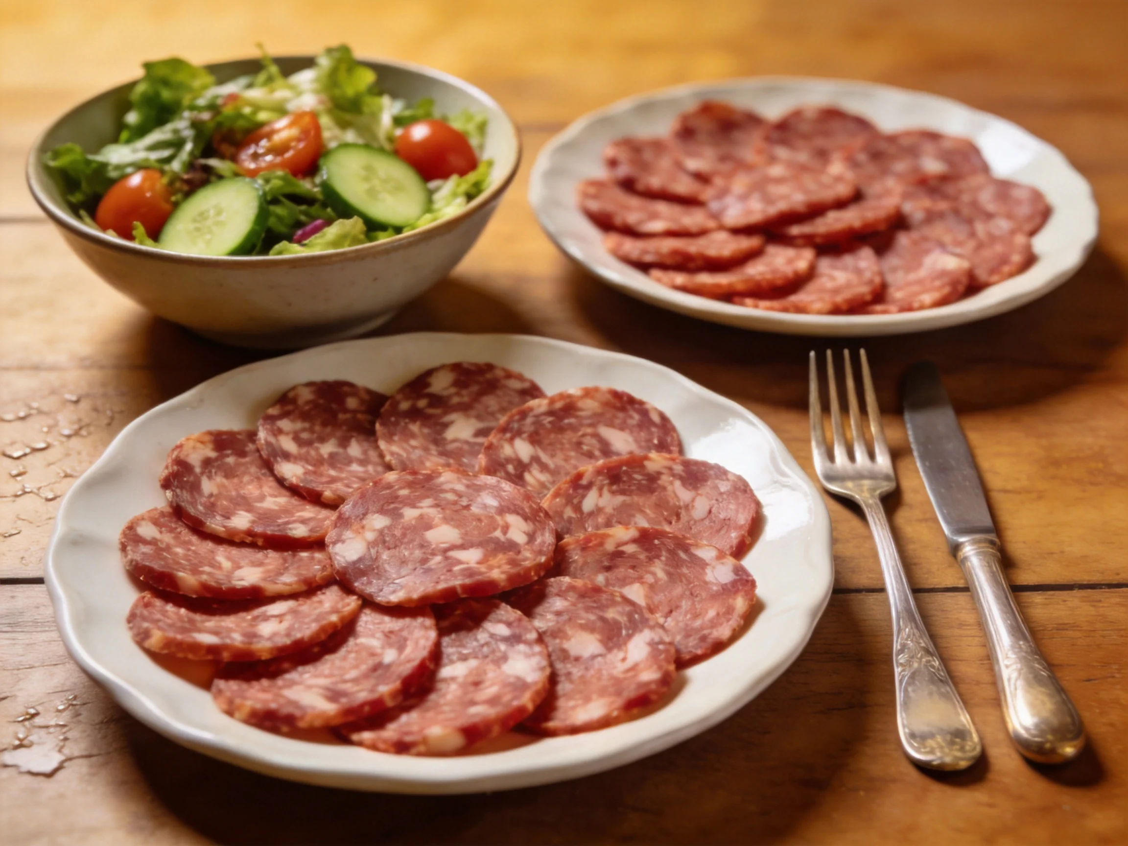 Two plates of sliced salami and a mixed green salad on a wooden table