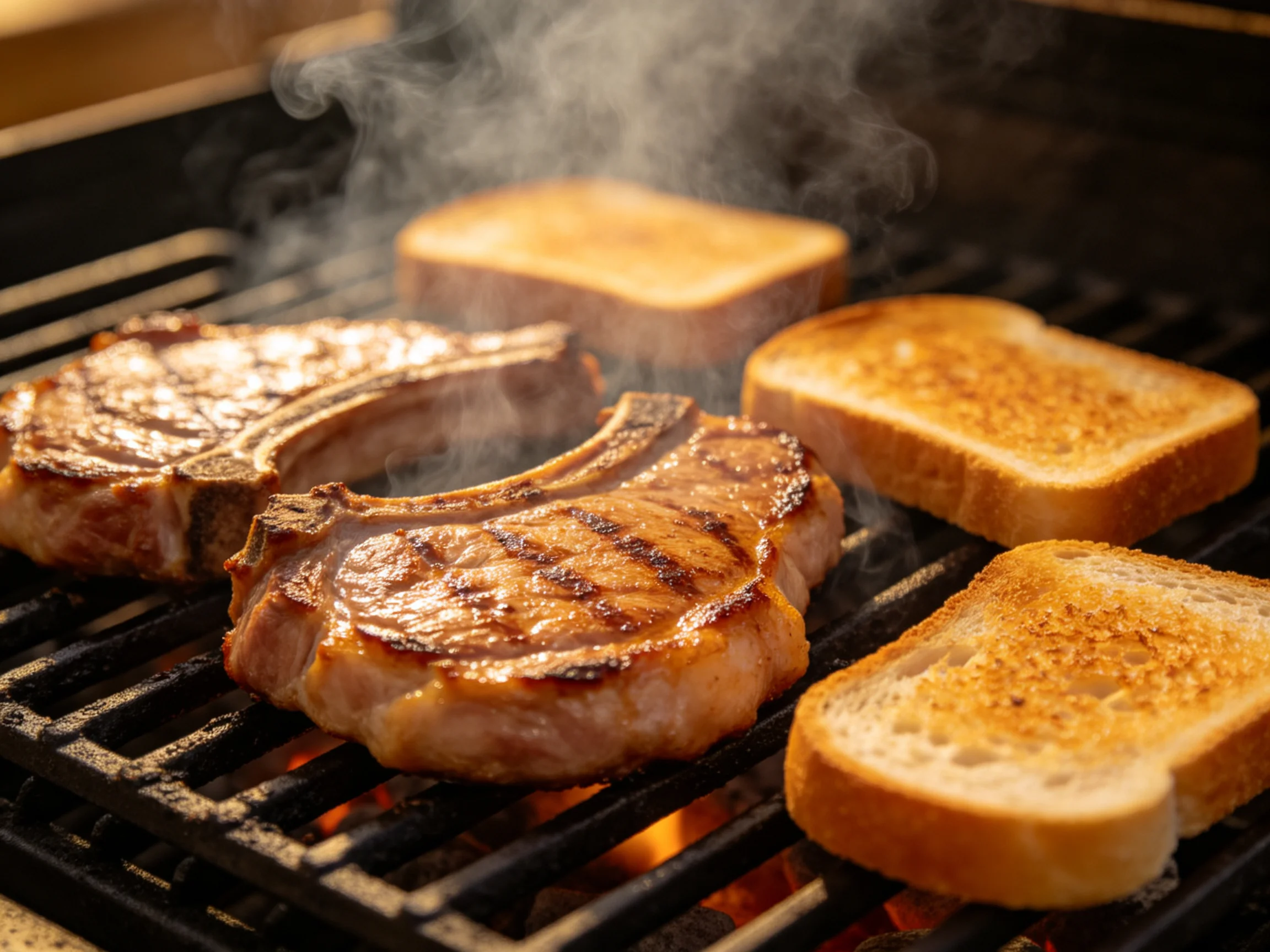 Two pork chops and three slices of toasted bread grill over a smoky fire