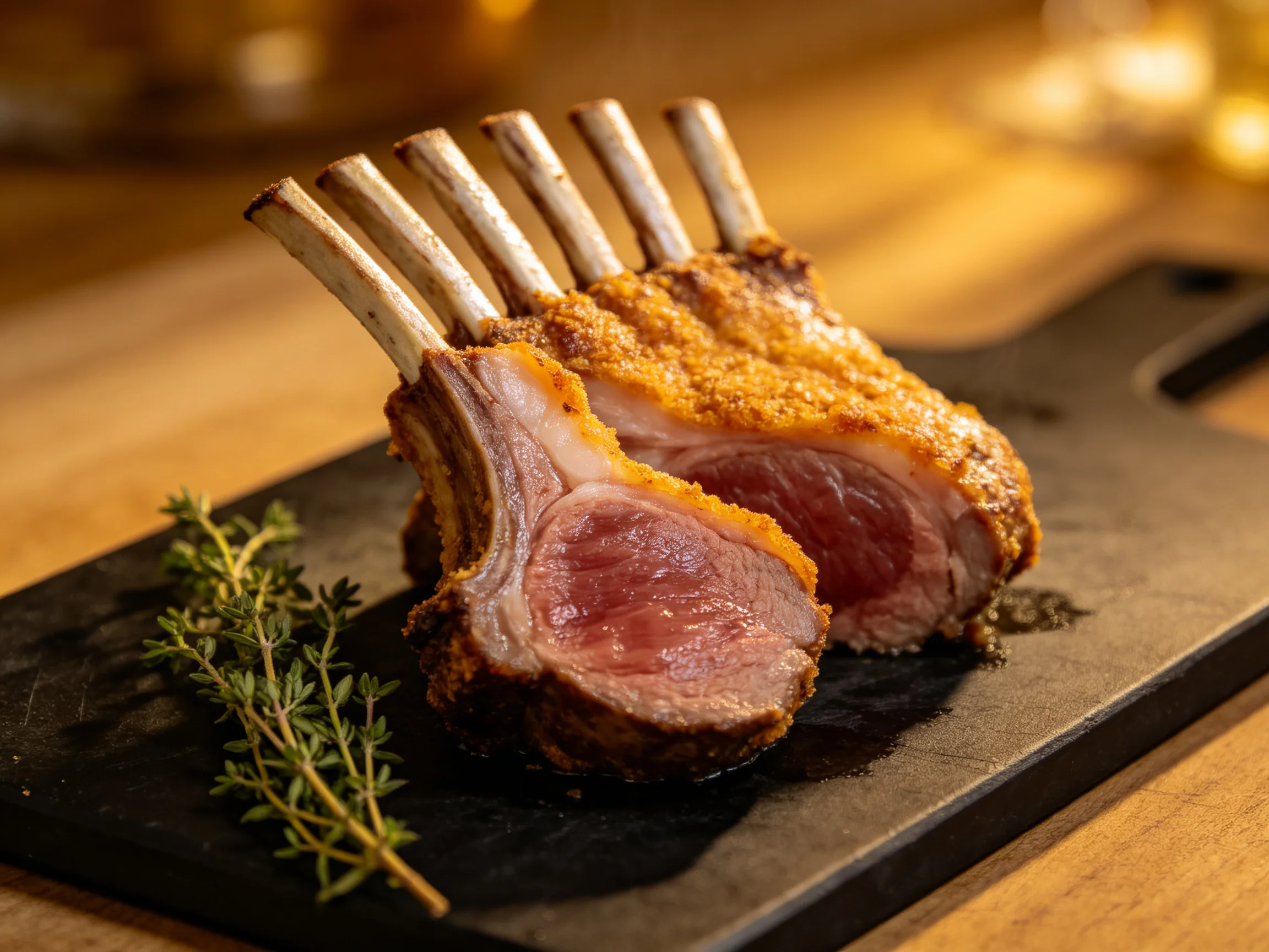 Two portions of crispy rack lamb on a dark slate board