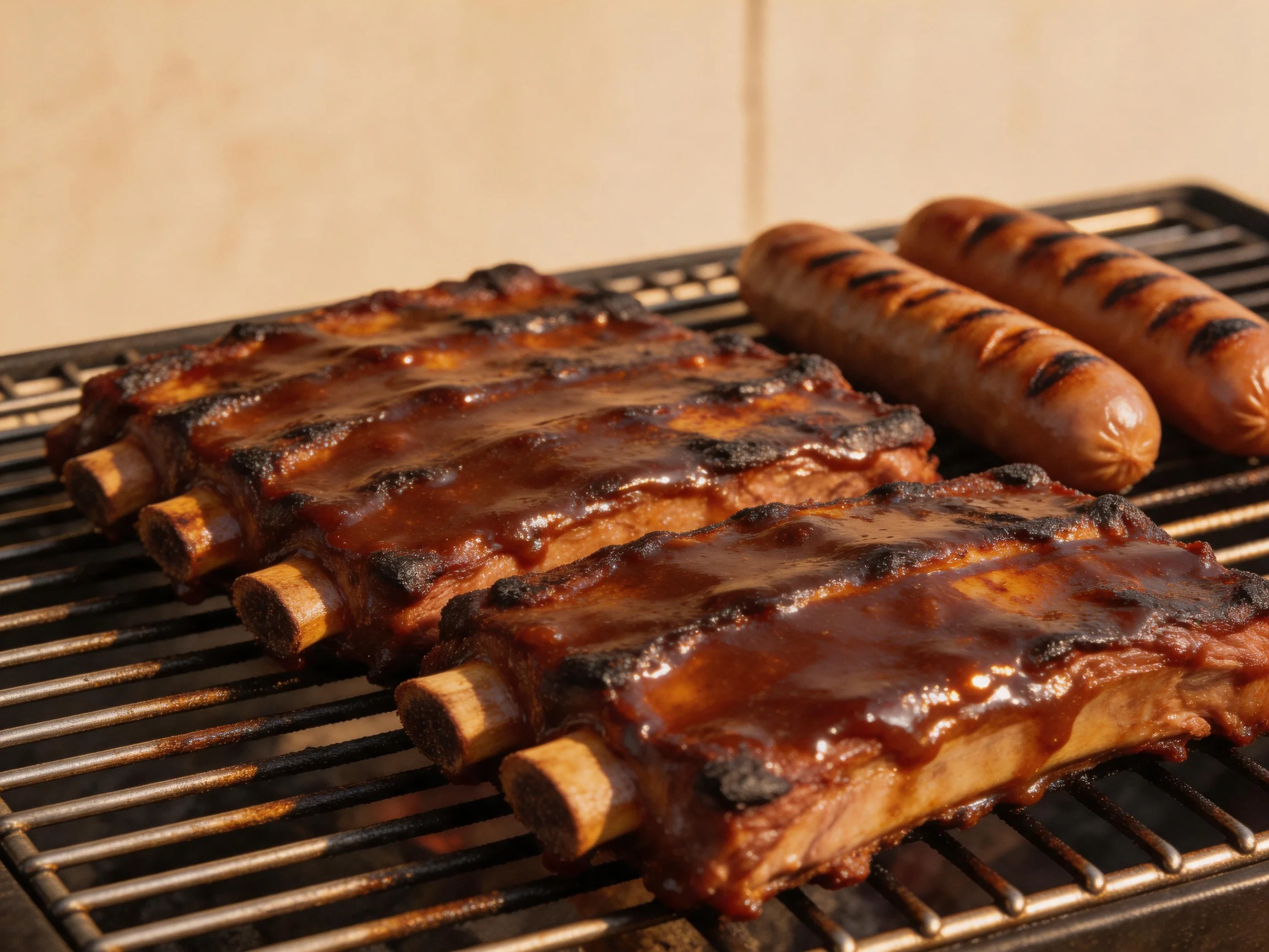 Two racks of glazed ribs and two sausages on a metal grill