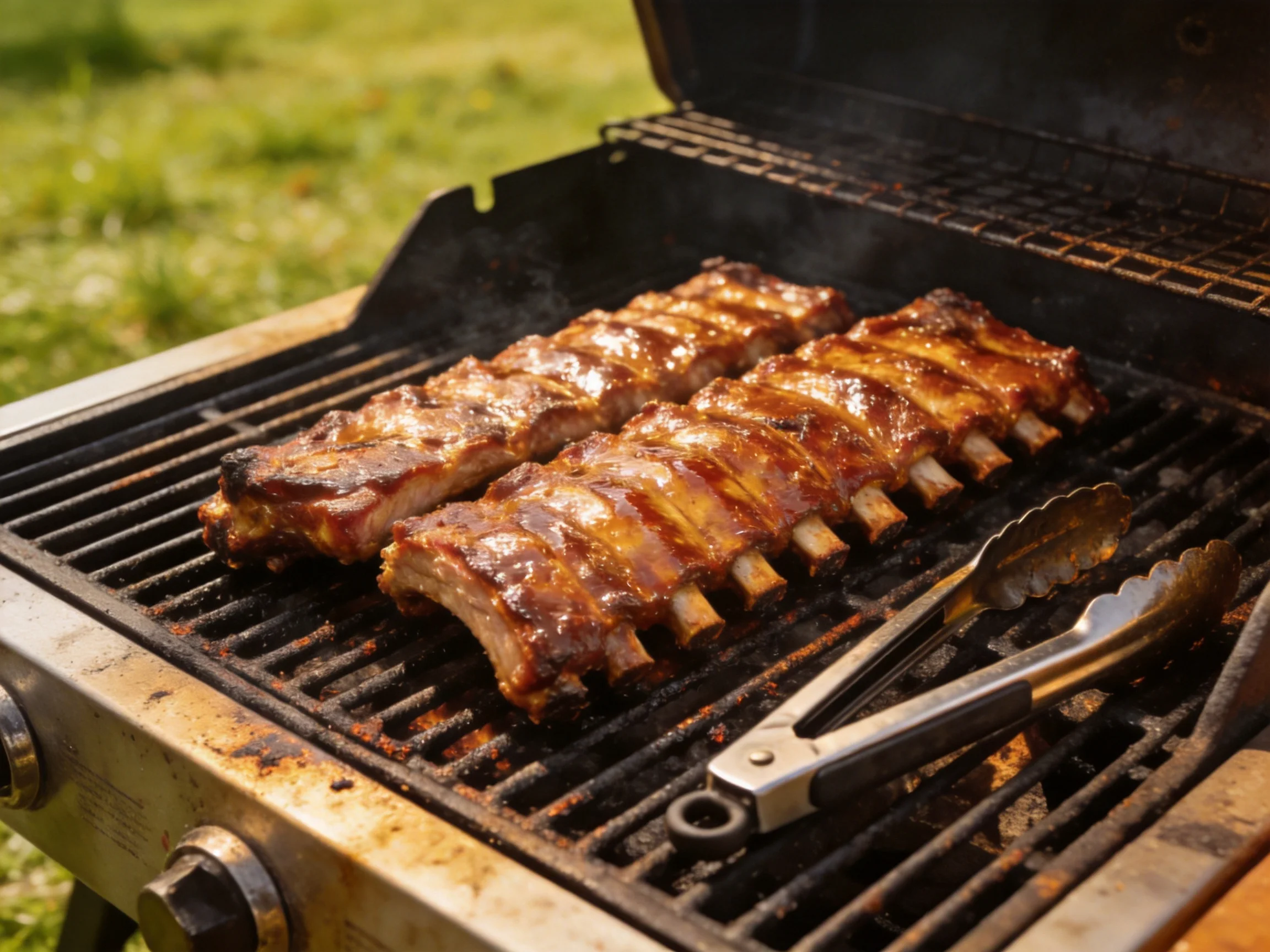 Two racks of golden-brown ribs grilling on an open charcoal barbecue