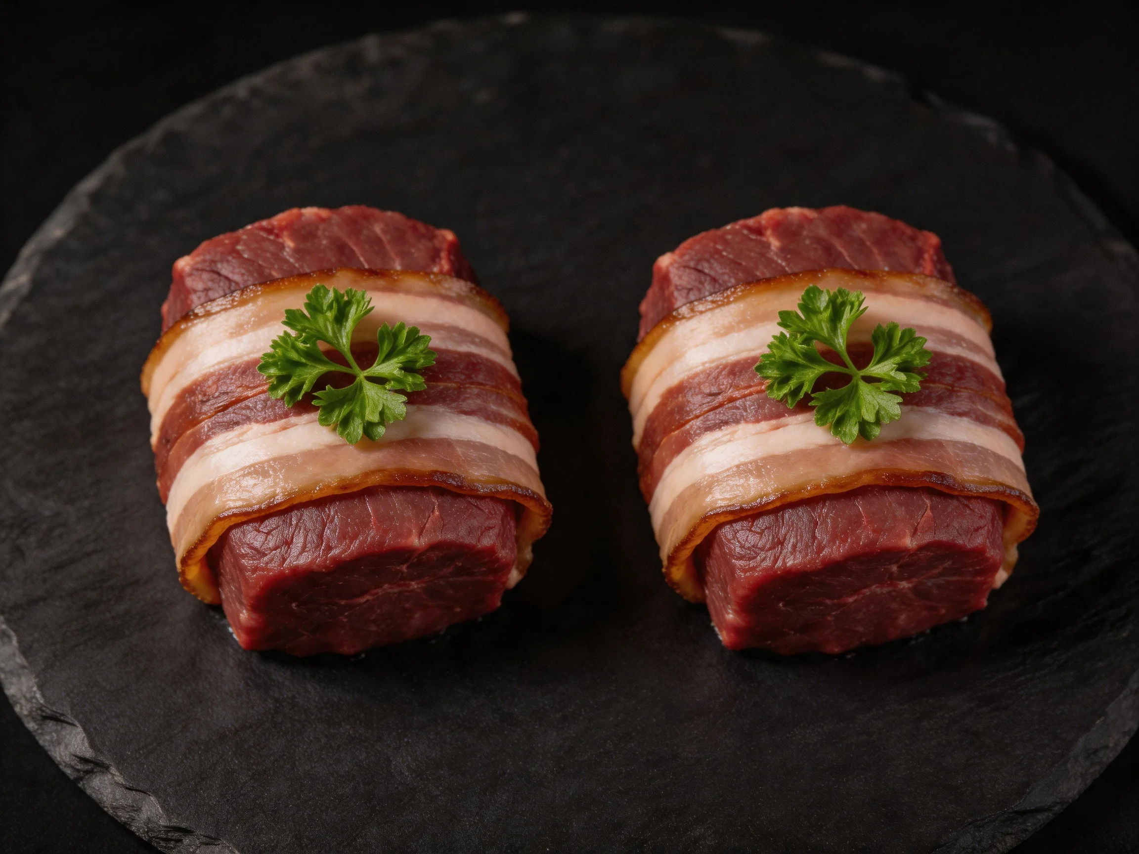Two raw beef bundles wrapped in bacon with parsley on dark slate