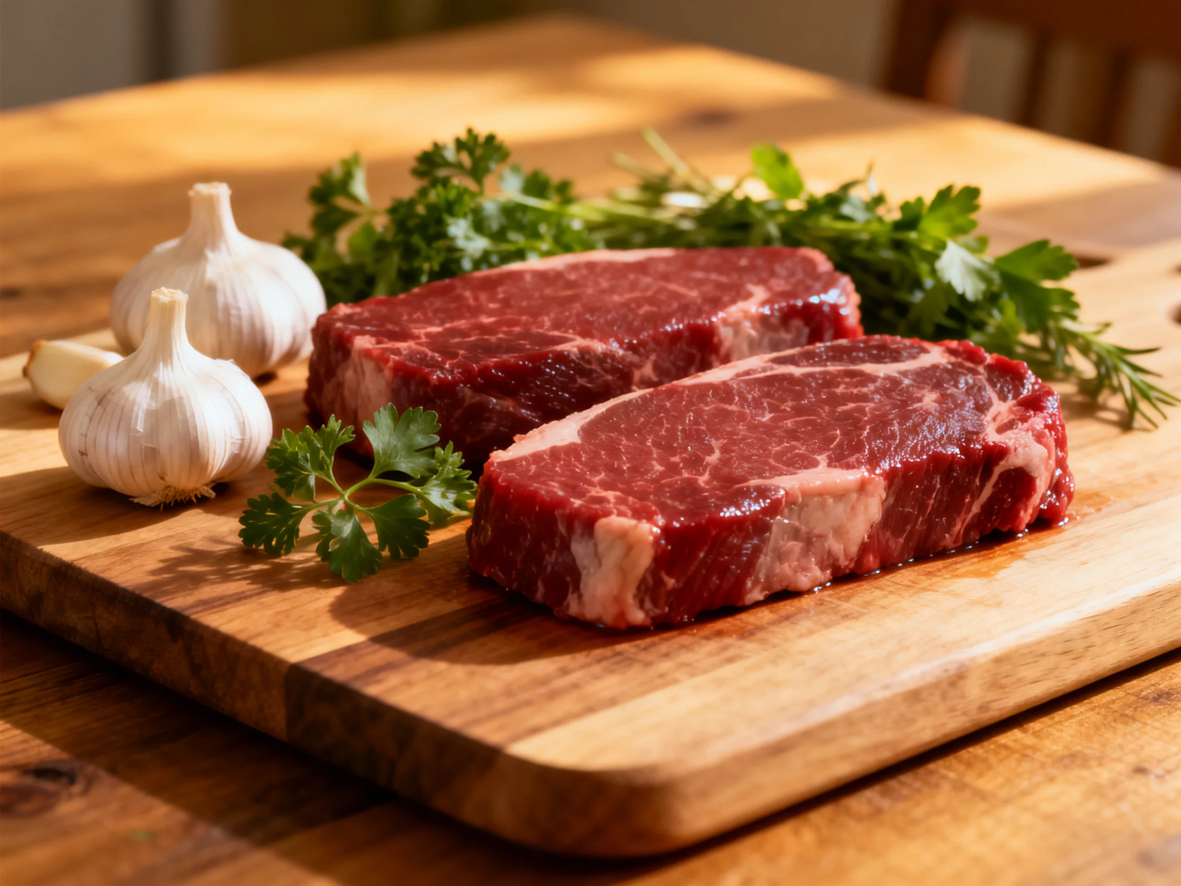 Two raw beef steaks, garlic bulbs, and fresh herbs on a wooden cutting board