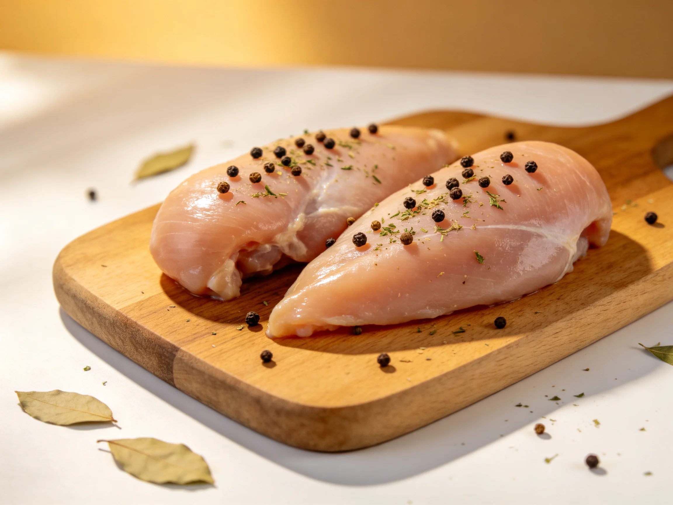 Two raw chicken breasts garnished with black peppercorns on a wooden cutting board