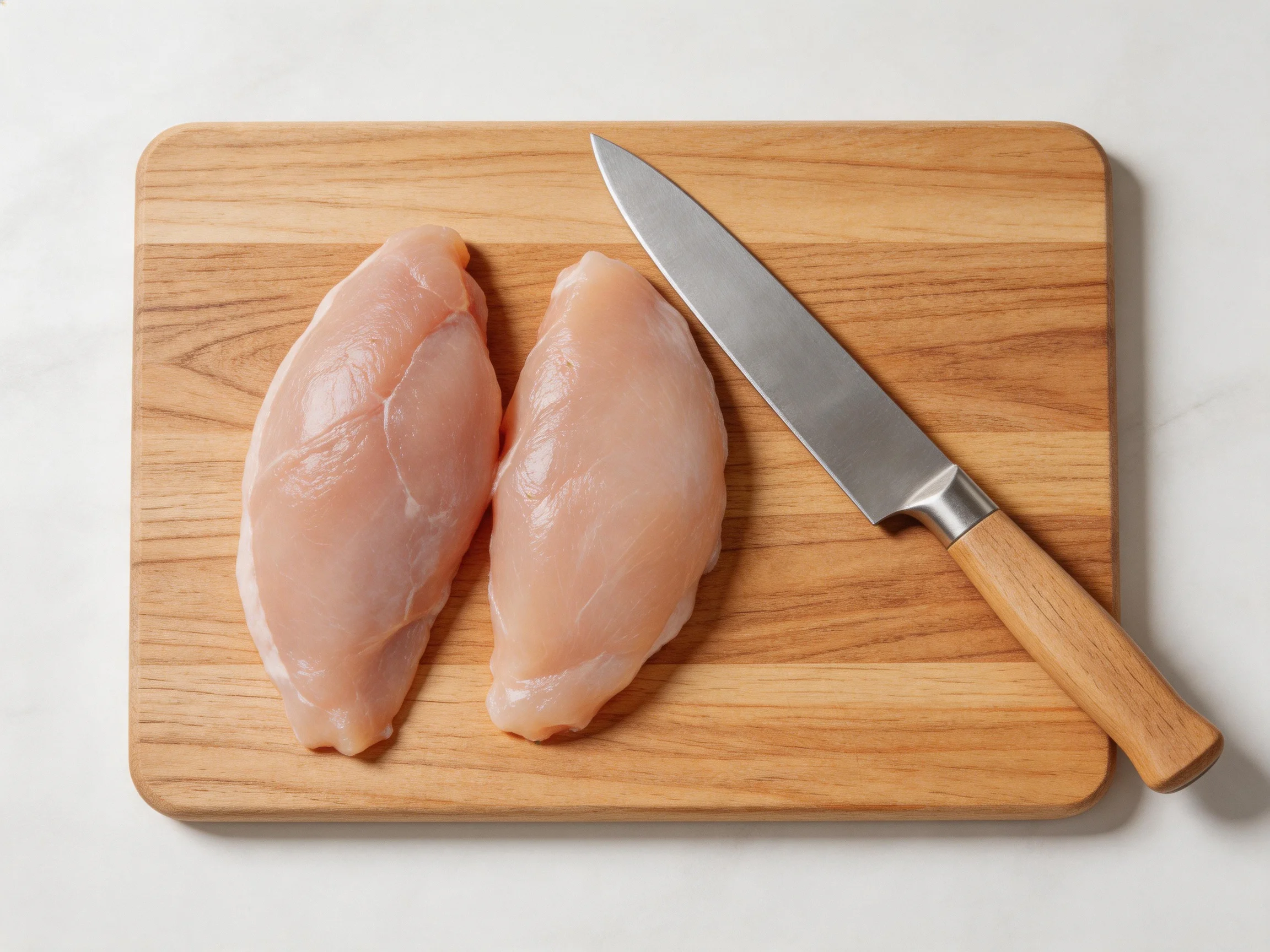Two raw chicken breasts sit on a light brown wooden cutting board beside a stainless steel knife