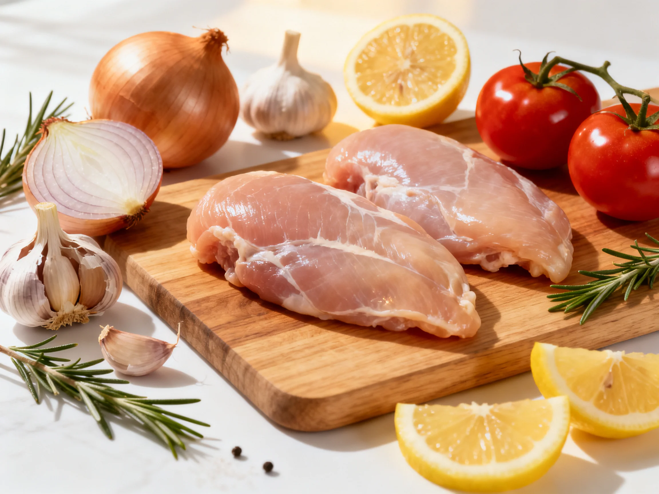 Two raw chicken breasts surrounded by fresh vegetables and herbs
