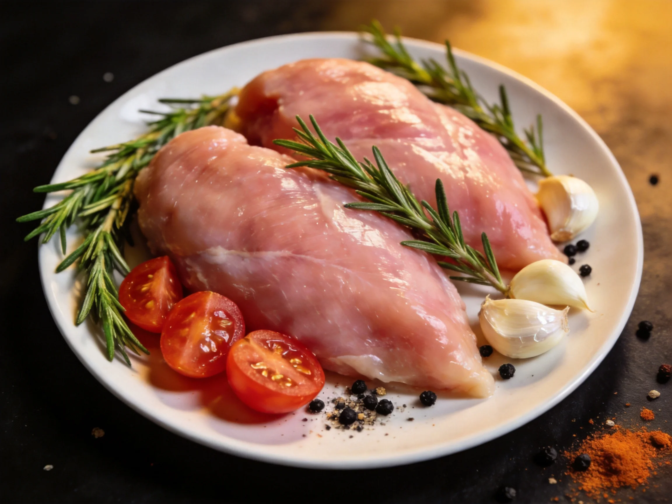 Two raw chicken breasts with rosemary, tomatoes, garlic, and spices