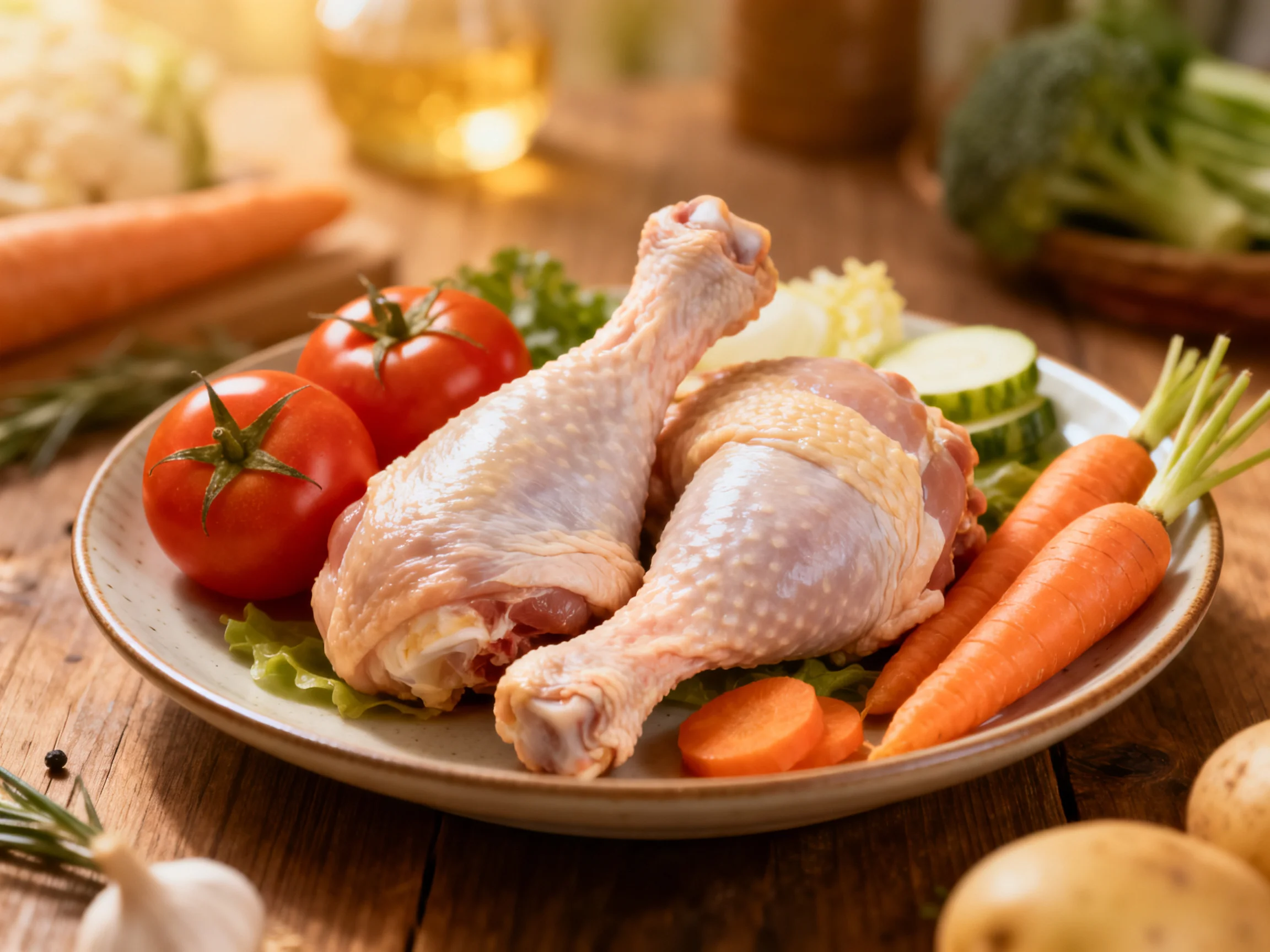 Two raw chicken drumsticks with fresh vegetables on a rustic wooden table