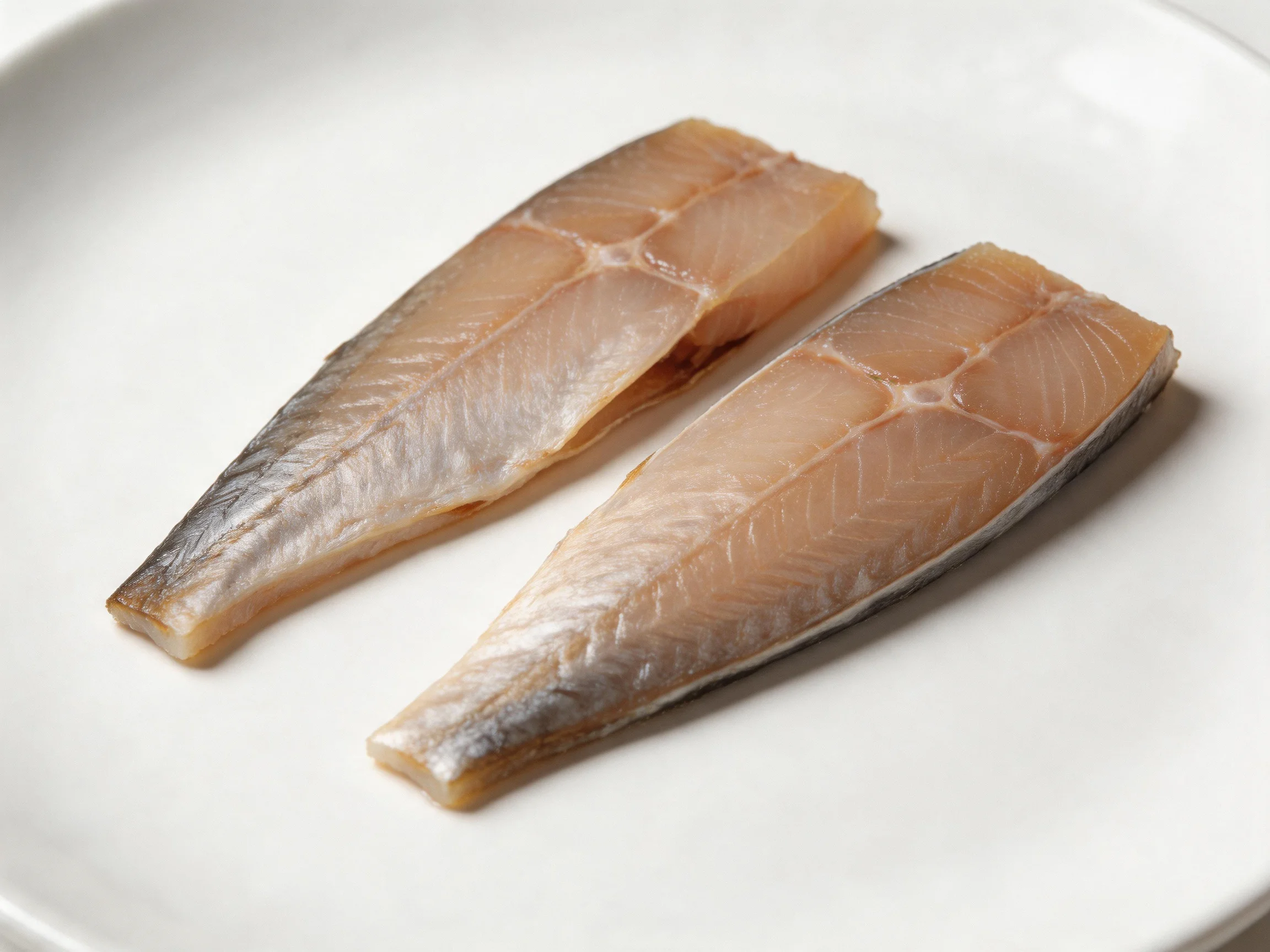 Two raw fish fillets displayed on a plain white plate