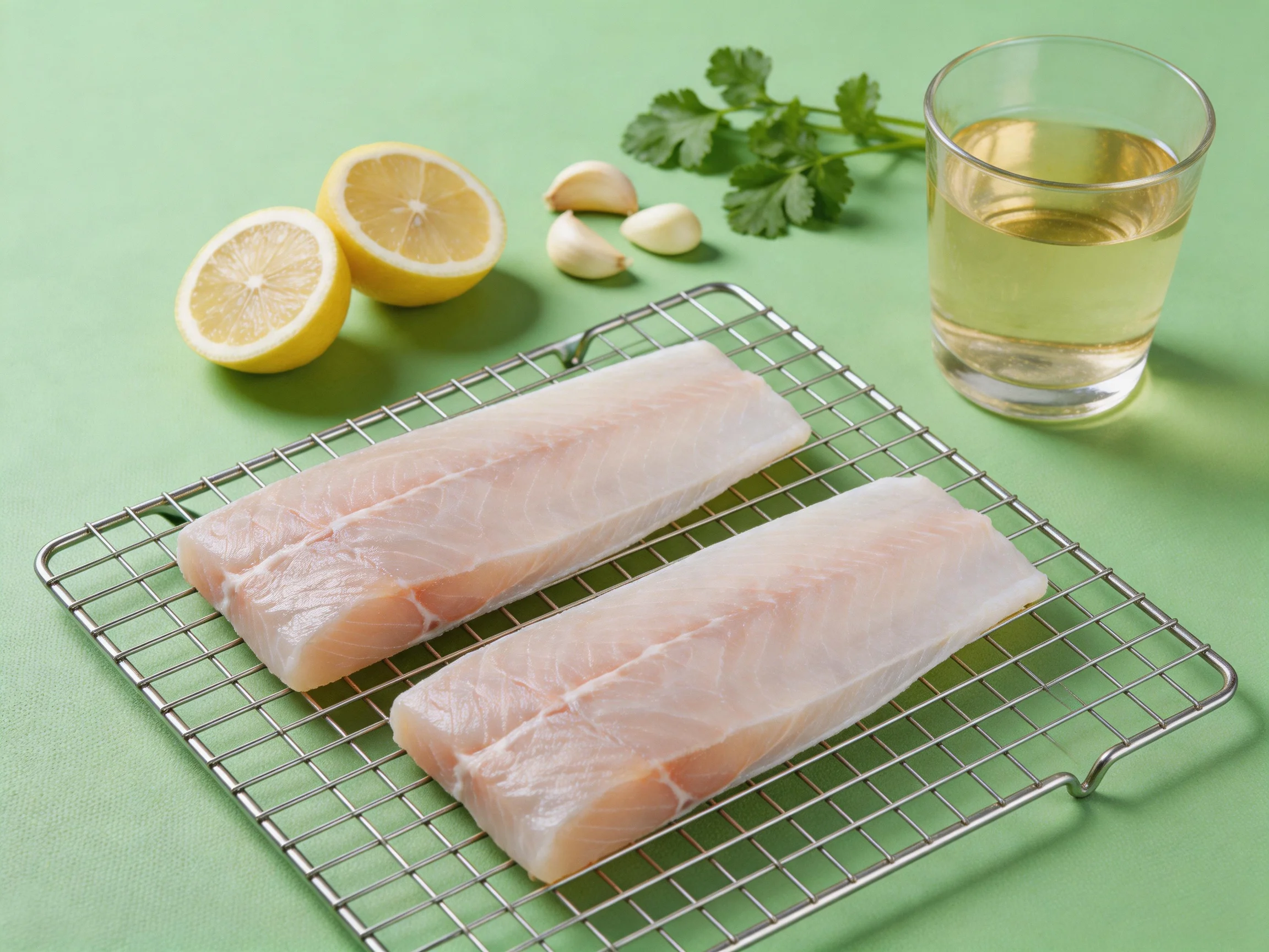 Two raw fish fillets rest on a wire rack with lemon halves, garlic, and fresh cilantro