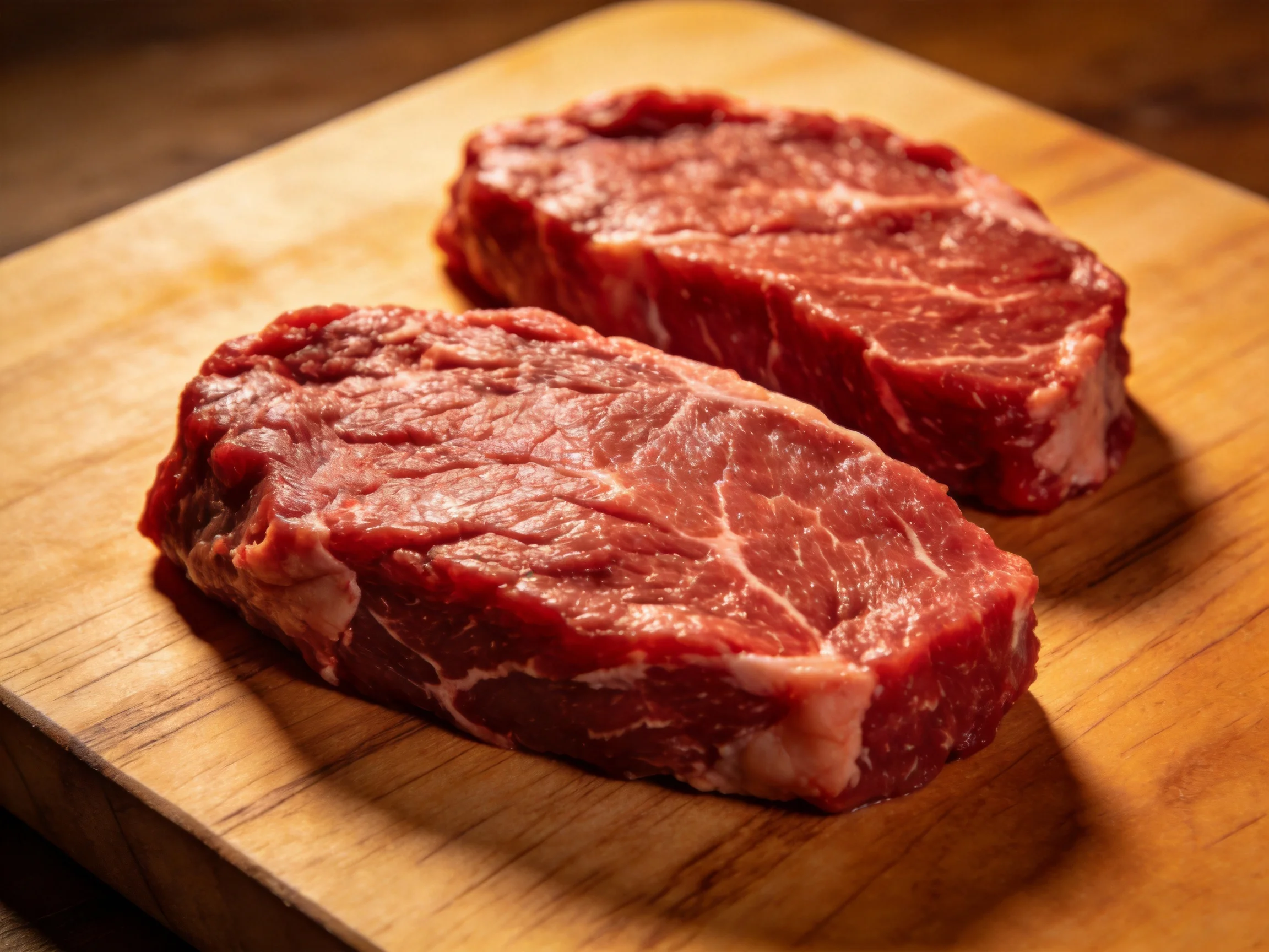 Two raw marbled red steaks on a wooden cutting board